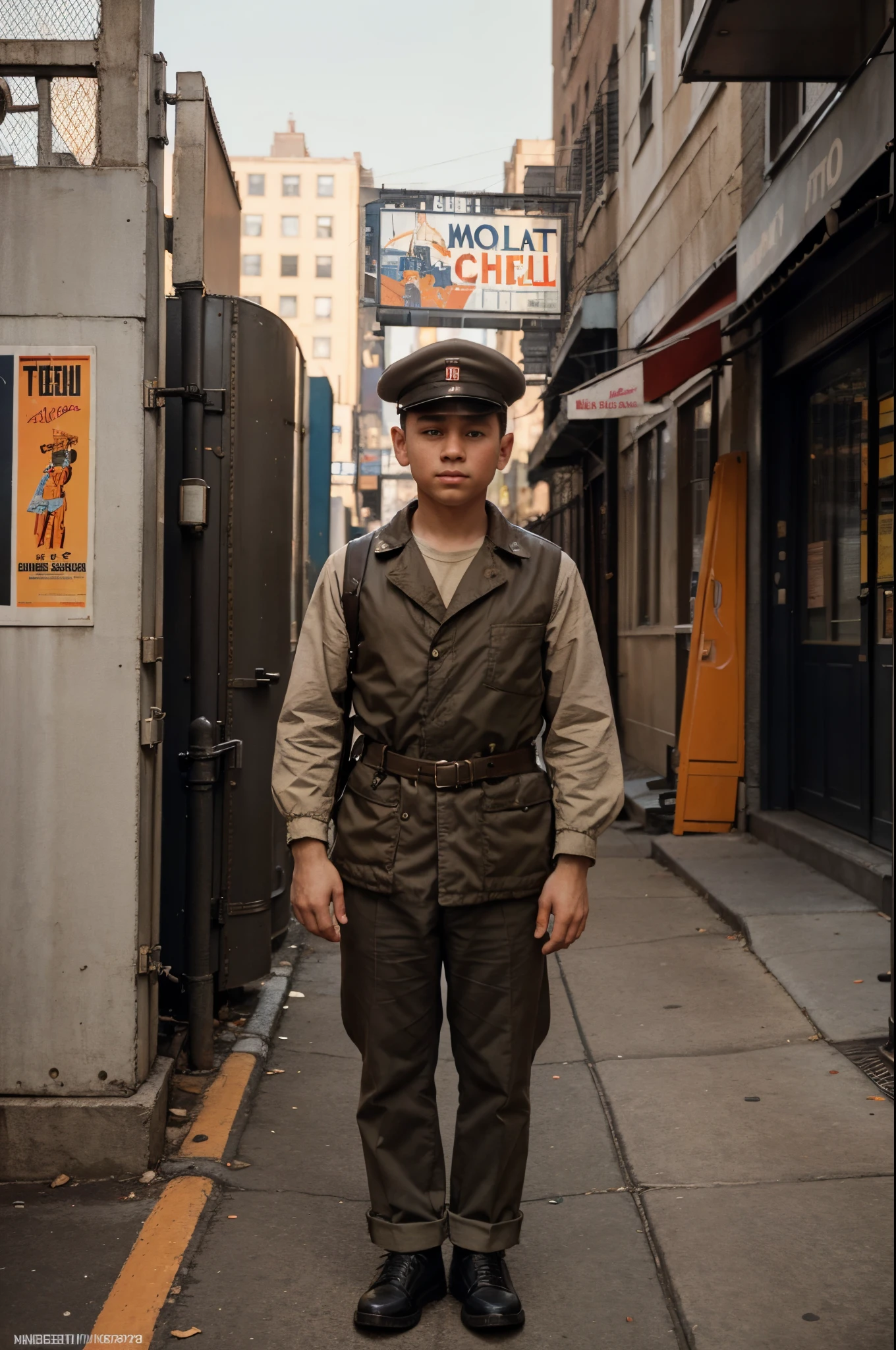"A Small, Weak American Boy in Brooklyn, New York in 1920" Looking at a Poster on the Street by Syd Mead, Tangerine Color Palette with World War II Poster, Detailed, Soft Colors, 8k