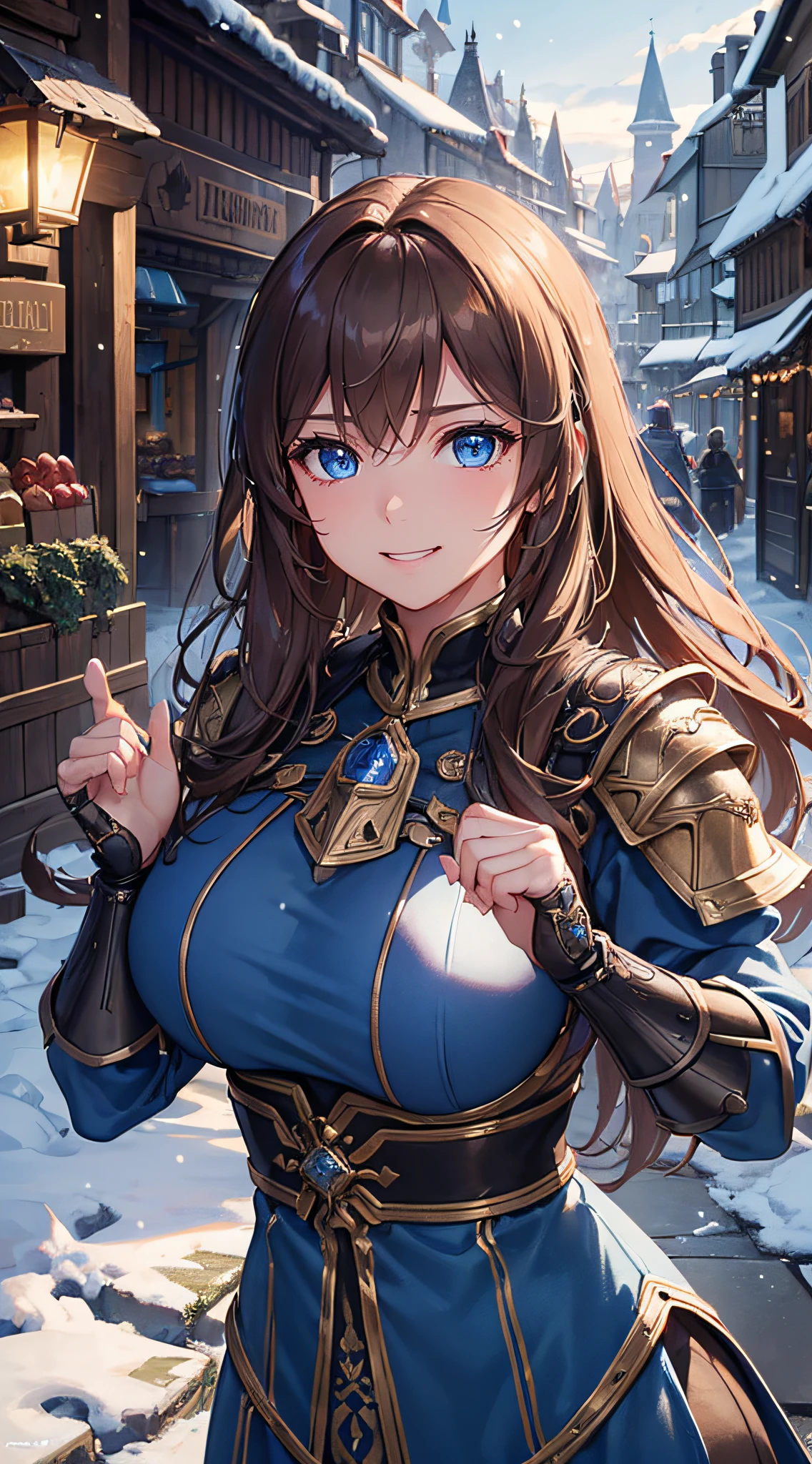 ((Extremely detailed)), 4K, ((cinematic lighting)), Close up, fantasy world, medieval, cobblestone city, wooden stone houses, snow, marketplace, market stalls, adult woman, royal guard, long brown hair, blue eyes, ((beautiful eyes)), happy look, grin, blue tunic, shiny armor, steel plate shoulders, steel gauntlets, chainmail, very large breasts