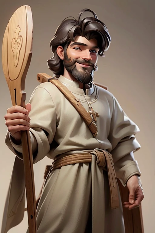 masterpiece, best quality, detailed face, a cartoon of young Saint Joseph smiling, beard, wearing a samaritan tunic, holding a stick, (((full body))).
