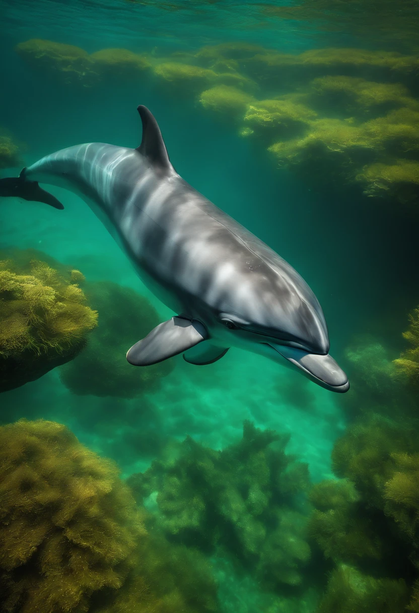 ButterflyEffect capturing a mesmerizing shot of a school of dolphins swimming in crystal-clear waters.,original,ButterflyEffect has long hair and wire rim glasses. He has a hook nose and bright green eyes.