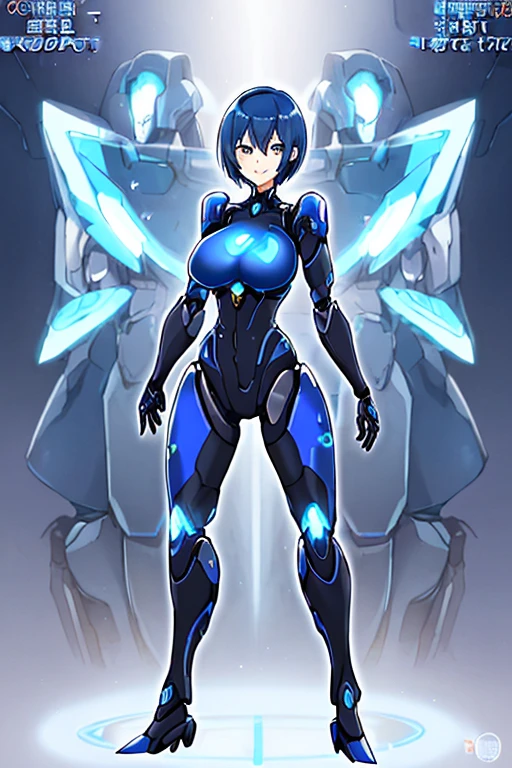 1girl, blue hair, breasts, black bodysuit, short hair, very short hair, light smile, science-fiction, tech, futuristic, machinery, anime style, anime screencap, leotard, full body, standing, robot, robot girl, dark blue hair,