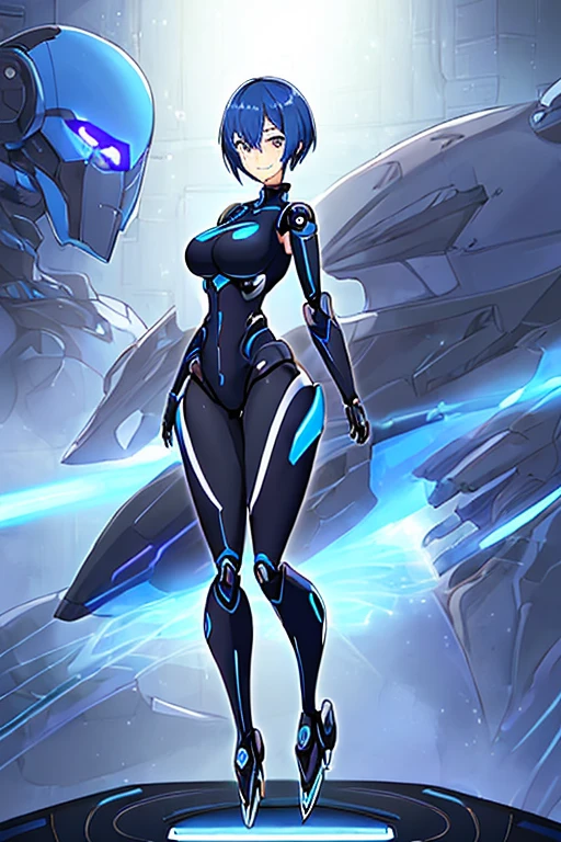1girl, blue hair, breasts, black bodysuit, short hair, very short hair, light smile, science-fiction, tech, futuristic, machinery, anime style, anime screencap, leotard, full body, standing, robot, robot girl, dark blue hair,