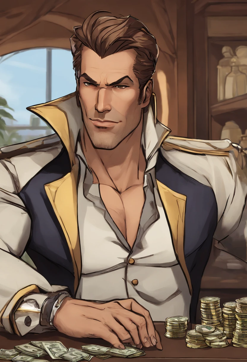 Handsome Jack sitting in his office, surrounded by stacks of money,Borderlands 2,Appearance: Handsome Jack from Borderlands

Description: Handsome Jack's appearance is distinctive and memorable, reflecting his larger-than-life personality. Here is a meticulous description of his physical features:

Facial Features:
- Face: Handsome Jack has a well-defined and angular face. His facial structure is sharp, with chiseled cheekbones and a prominent jawline.
- Eyes: His eyes are a piercing blue color, often described as icy or intense. They are framed by well-groomed eyebrows and have a calculating and observant gaze.
- Facial Hair: Handsome Jack is typically seen with a clean-shaven face, emphasizing the sharpness of his facial features.

Hair:
- Style: His hair is styled in a slicked-back manner, appearing well-groomed and meticulously maintained.
- Color: His hair is a striking shade of blonde, often described as a vibrant golden hue. It accentuates his charismatic and confident aura.

Attire:
- Clothing: Handsome Jack is often seen in a sharp and stylish outfit that exudes a sense of authority and sophistication. He favors tailored suits in dark colors such as black or charcoal gray, with intricate patterns or subtle detailing.
- Accessories: He adorns himself with accessories that showcase his wealth and power. This may include a sleek tie, cufflinks, and a high-end wristwatch. He may also wear a signature Hyperion mask, which is a white mask with a sinister grin, symbolizing his role as the CEO of Hyperion Corporation.

Physical Build:
- Height: Handsome Jack is of average to slightly above-average height, standing around 5'11'' to 6'0'' (180-183 cm).
- Physique: He possesses a lean and athletic build. While not exceptionally muscular, his physique suggests a level of physical fitness and agility.

Overall, Handsome Jack's appearance reflects his charismatic and confident nature. His sharp facial features, intense blue eyes, and meticulously styled hair contribute to his striking and memorable presence. Combined with his fashionable attire, he presents himself as a figure of power and authority.


Forehead: Handsome Jack's forehead is smooth and slightly rounded, with no prominent lines or wrinkles. It appears relatively proportionate to the rest of his face.

Eyebrows: He has well-defined eyebrows that are groomed and neatly shaped. They are medium in thickness and arched, adding to his expressive and intense gaze. The color of his eyebrows matches his hair color, a vibrant shade of blonde.

Eyes: Handsome Jack's eyes are one of his most striking features. They are a piercing, vibrant blue color, often described as icy or intense. His eyes have a sharp, calculating gaze that can be both captivating and unnerving. The irises stand out prominently against the white of his eyes.

Nose: He has a straight and well-defined nose that complements the angular and sharp features of his face. It is neither too small nor too large, appearing proportionate with the rest of his facial structure. The bridge of his nose is straight, leading to a slightly rounded tip.

Cheekbones: Handsome Jack possesses prominent and defined cheekbones that add a sense of structure and angularity to his face. They are high and well-sculpted, giving his face a distinct and commanding appearance.

Jawline: His jawline is strong and chiseled, adding to his overall rugged and authoritative look. It is well-defined, with a squared-off shape that accentuates the masculinity of his face. The jawline connects seamlessly with his neck.

Lips: Handsome Jack has medium-sized lips that are usually seen in a neutral or slightly smirking expression. They are neither too thin nor too full, striking a balance between refinement and confidence.

Chin: His chin is well-defined and slightly pointed, adding to the sharpness and angularity of his facial structure. It complements his overall handsome and charismatic appearance.

Skin: Handsome Jack's skin appears smooth and well-maintained. It has a fair complexion, often described as having a healthy glow.

His face is adorned by a mask that was grafted directly according to his previous face. He wears it because his normal face was branded with the Vault Symbol when the first Vault was opened in Pandora.