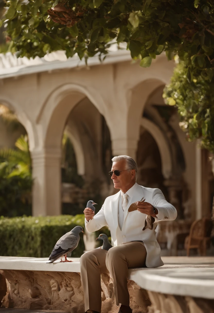 A photo of Armond sitting on a park bench, feeding pigeons,original,Armond, a character from the TV series “The White Lotus,” is portrayed as a suave and sophisticated resort manager, with a meticulously groomed appearance, often seen in his crisp, professional uniform that adds to his air of authority and composure. His sharp, angular features and intense gaze give him a charismatic yet somewhat inscrutable presence, perfectly fitting his role in the luxurious resort setting. He works at the White Lotus resort in Hawaii.