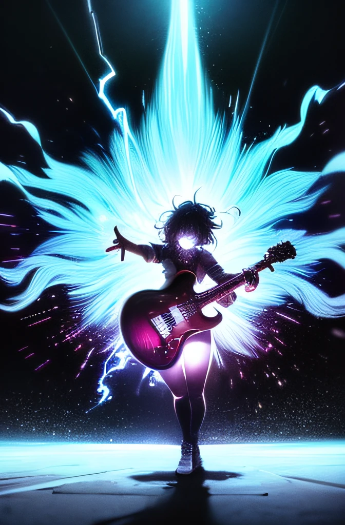 (high quality,8k,realistic:1.37),vibrant colors,gleaming light,Ember McLain playing electric guitar,ghosts flying behind,full body diagram,detailed face,detailed hands,energetic pose,rock concert atmosphere,smoke effects,wild hair,sparkling eyes,colorful stage lights,electricity sparks,flying hair strands,emotional expression,lively background,vivid colors,aggressive music notes,passionate performance,vibrant energy,extraordinary guitar skills,dynamic movement,ghostly apparitions,electric energy,glowing aura,mesmerizing stage presence,shimmering outfit,expressive body language,electric blue spotlight,translucent ethereal figures,electrifying atmosphere,dramatic shadows,None