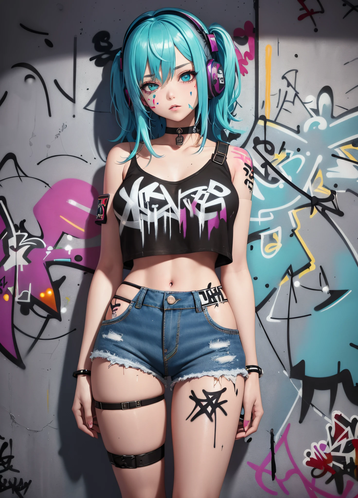 masterpiece, best quality, 1girl, solo, crop top, denim shorts, choker, (graffiti:1.5), paint splatter, arms behind back, against wall, looking at viewer, armband, thigh strap, paint on body, head tilt, bored, multicolored hair, aqua eyes, headset,