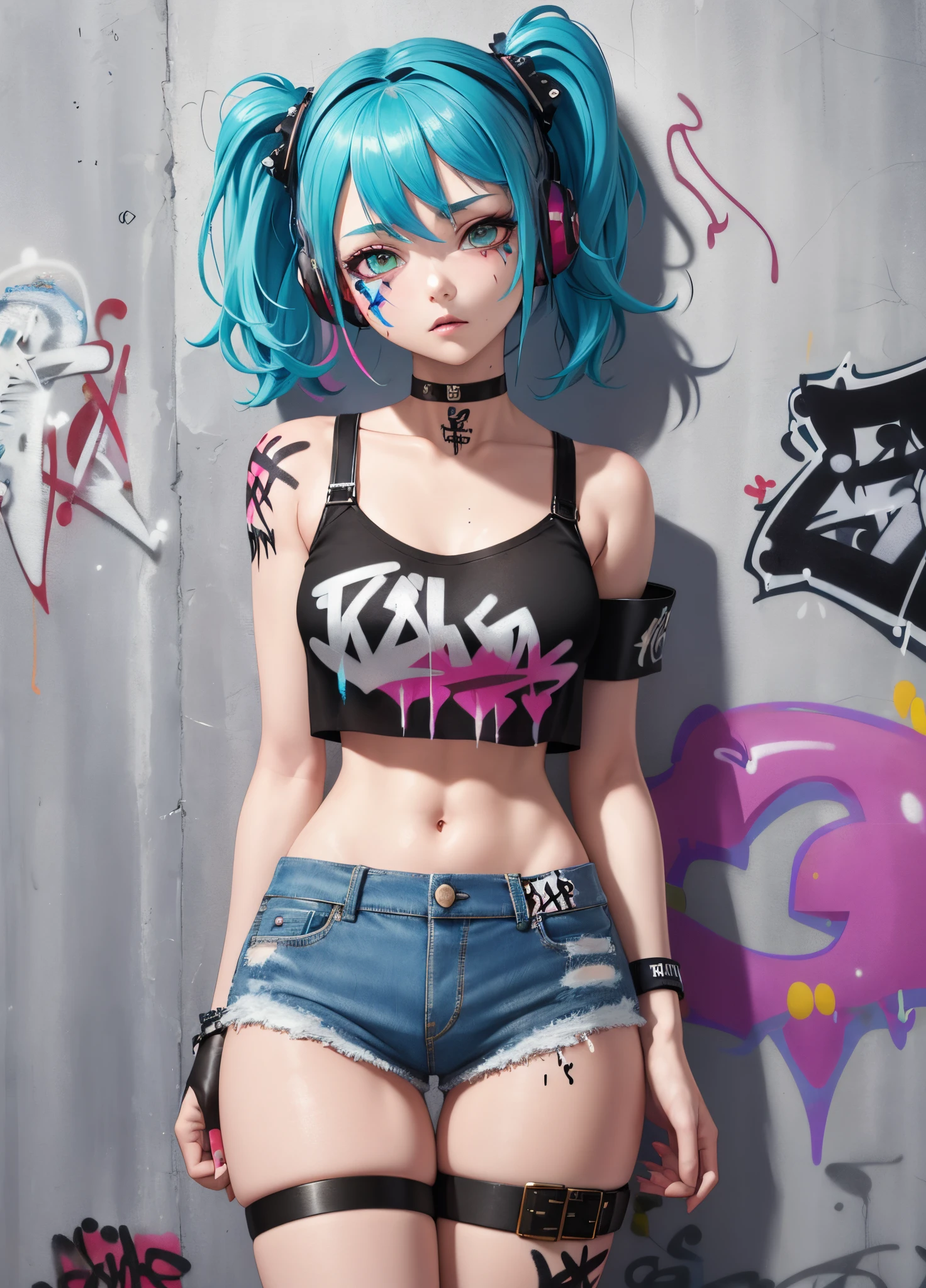 masterpiece, best quality, 1girl, solo, crop top, denim shorts, choker, (graffiti:1.5), paint splatter, arms behind back, against wall, looking at viewer, armband, thigh strap, paint on body, head tilt, bored, multicolored hair, aqua eyes, headset,