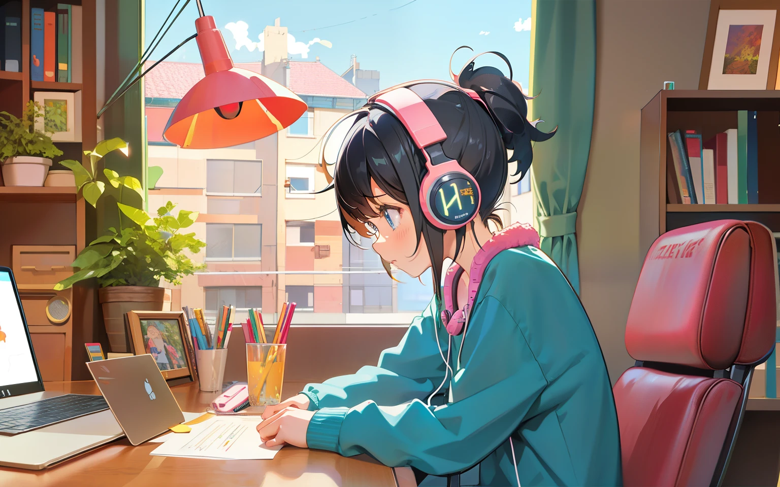 Sit at the table、Anime girl wearing laptop and headphones, zero girl, art-style, Loferretrato, lofi art, lofi feel, lofi, Zero vibration, unwind, lofi girl aesthetic, lo-fi art, zero color, Lo-Fi illustration style, Hip Hop Loeph, lofi aesthetics
