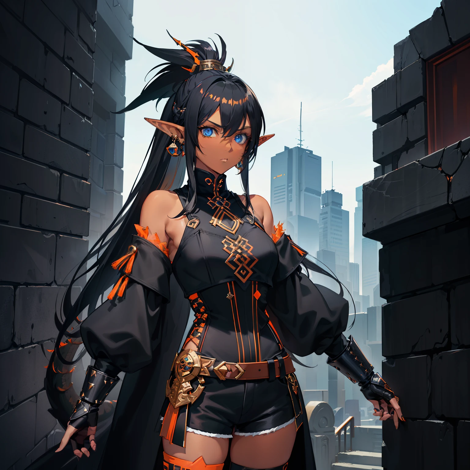 1girl , (((Dark Skin)))), Black Hair with Ponytail, (((Blue Eyes))), ((Black Metallic Gauntlets and Greaves with Orange and Silver Highlights)), (((The Clothes Have a Mix of Modern and Tribal))), (((The Clothes Have a Mix of Modern and Tribal))), having mostly the color black, but having parts in orange, shoulders exposed, at the hip a shorts that extend to half of the thigh of black color. ((Black Overcoat with a orange inner part)) absurd res, best res, high res, best face, best eyes, (((Dragon Tail))), ((Elf Ears))
