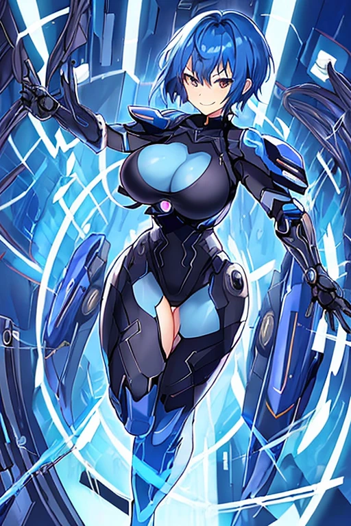 1girl, blue hair, breasts, black bodysuit, short hair, very short hair, light smile, science-fiction, tech, futuristic, machinery, anime style, anime screencap, leotard, full body, standing, bodysuit, thick thighs
