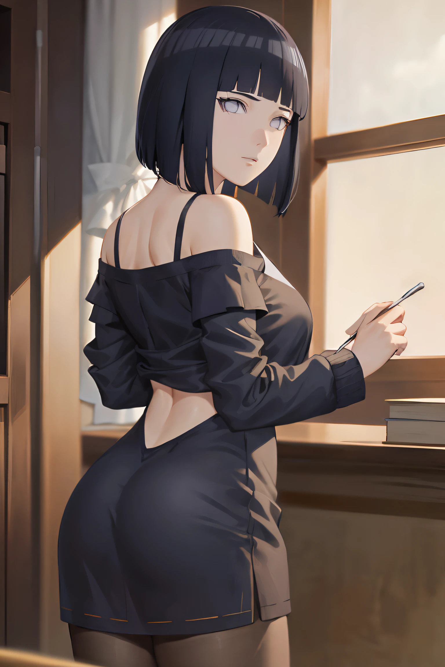 hinata\(boruto\), 1girl, solo,mature female,
BREAK wearing bare shoulders, collarbone, covered navel, dress, long sleeves, off shoulder, off-shoulder dress, off-shoulder sweater, pantyhose,
BREAK looking at viewer, full body, (cowboy shot:1.5), from behind,layered sleeves, cowboy shot,  looking back, 
BREAK indoors, library,
BREAK (masterpiece:1.2), best quality, high resolution, unity 8k wallpaper,NSFW ,(illustration:0.8), extremely detailed face, perfect lighting, extremely detailed CG, (perfect hands, perfect anatomy),