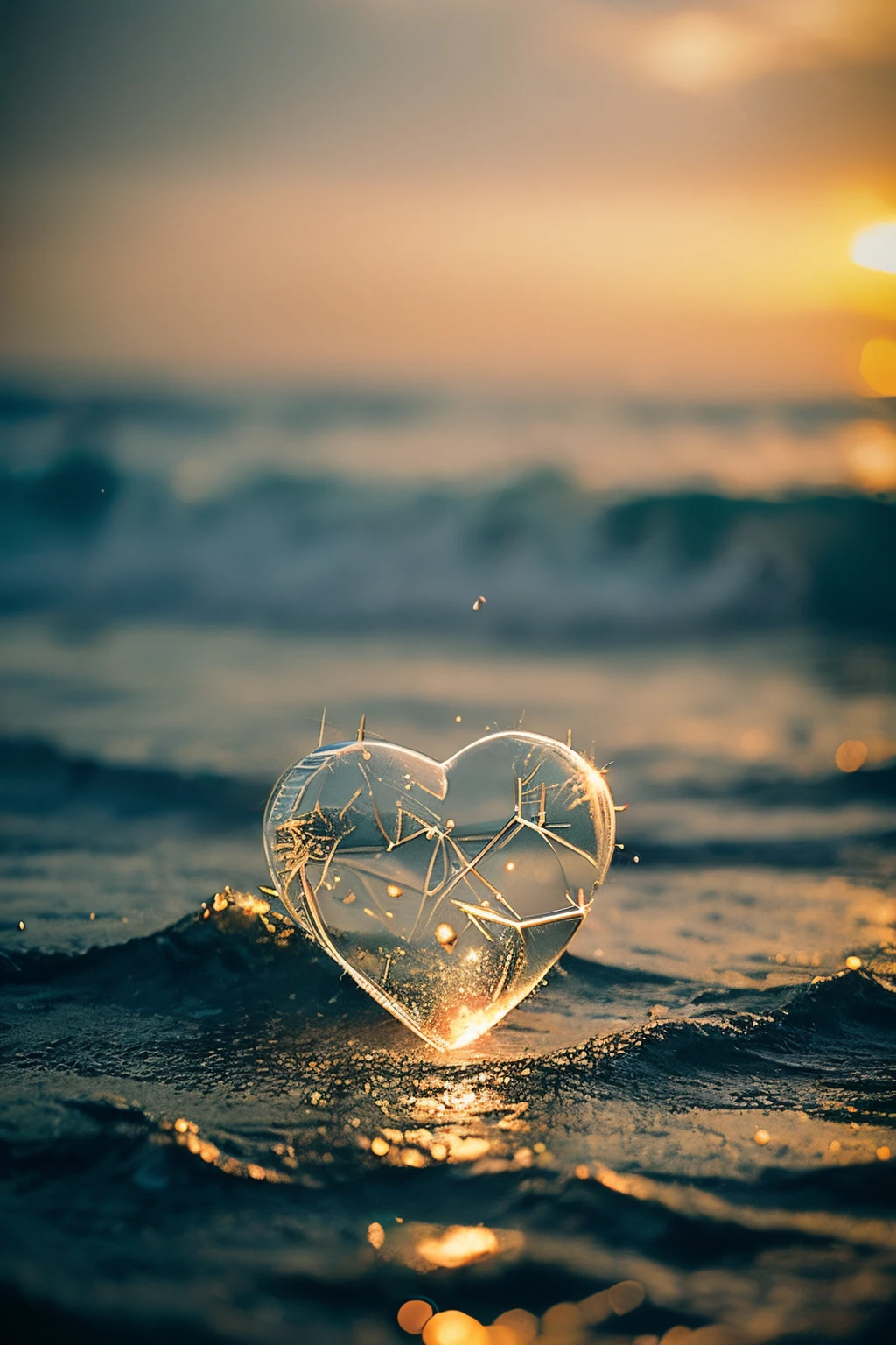 double exposure of glass heart, Cracked glass ,Use of double exposure technique、Create a noisy image, Dynamic Image, All made using tilt-shift technology, 3D effects and sharp contrast. Around the Glass Heart, Rough seas,Necessary for this effect: alchemy, Prompt Magic V3, Photoreal or Dream Shaper V7