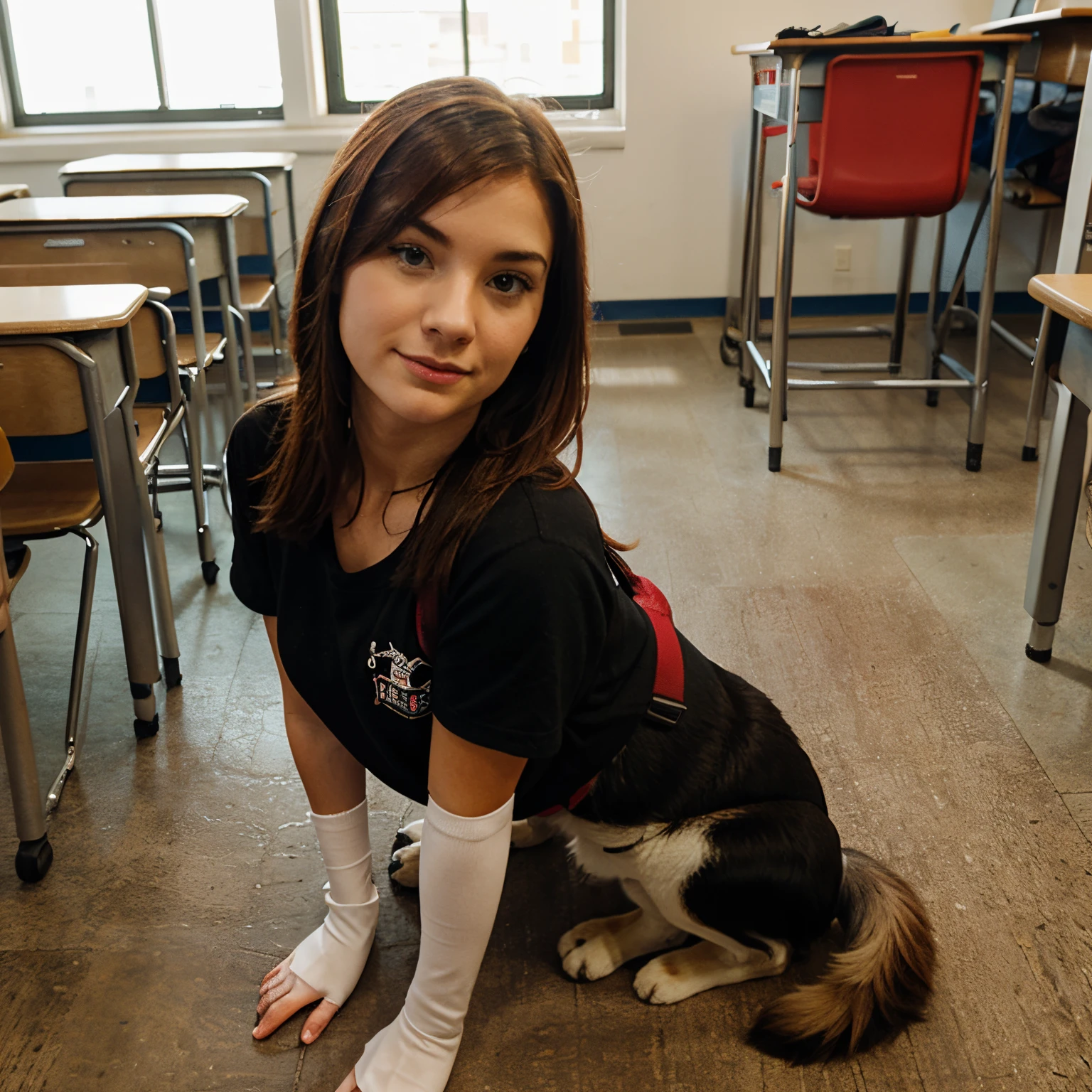 Disney characters. Service dog next to a red head handler in school