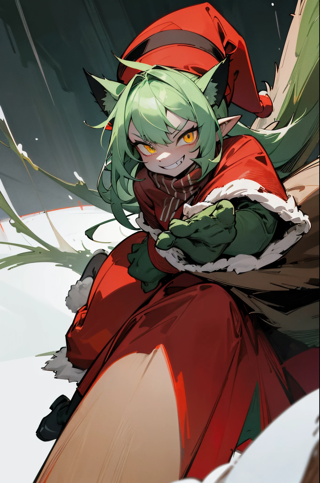 (best quality,highres),green furry humanoid monster,snub-nosed cat-like face,cynical personality,sharp-toothed grin,glowing yellow eyes,mischievous expression,sly smirk,intense gaze,evildoer,Christmas hater,cunning thief,dark green fur,fuzzy texture,pot-bellied and pear-shaped body,oversized shoes,long, spindly fingers,pointy ears,crooked Santa Claus hat,festive red and white striped scarf,dark and gloomy Christmas setting,barren trees covered in snow,empty stockings hanging by the fireplace,flickering candlelight,ominous shadows,menacing presence,Grinch-inspired art style,whimsical and twisted,gritty details,dynamic brushstrokes,vibrant colors,contrasting shades of green and red,mysterious lighting,playful and devious energy