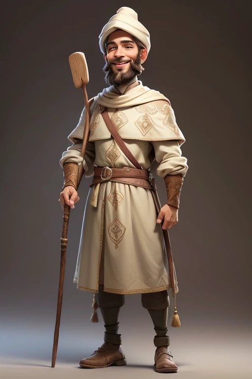 masterpiece, best quality, detailed face, a cartoon of young Saint Joseph smiling, beard, wearing a samaritan tunic, holding a stick, (((full body))).