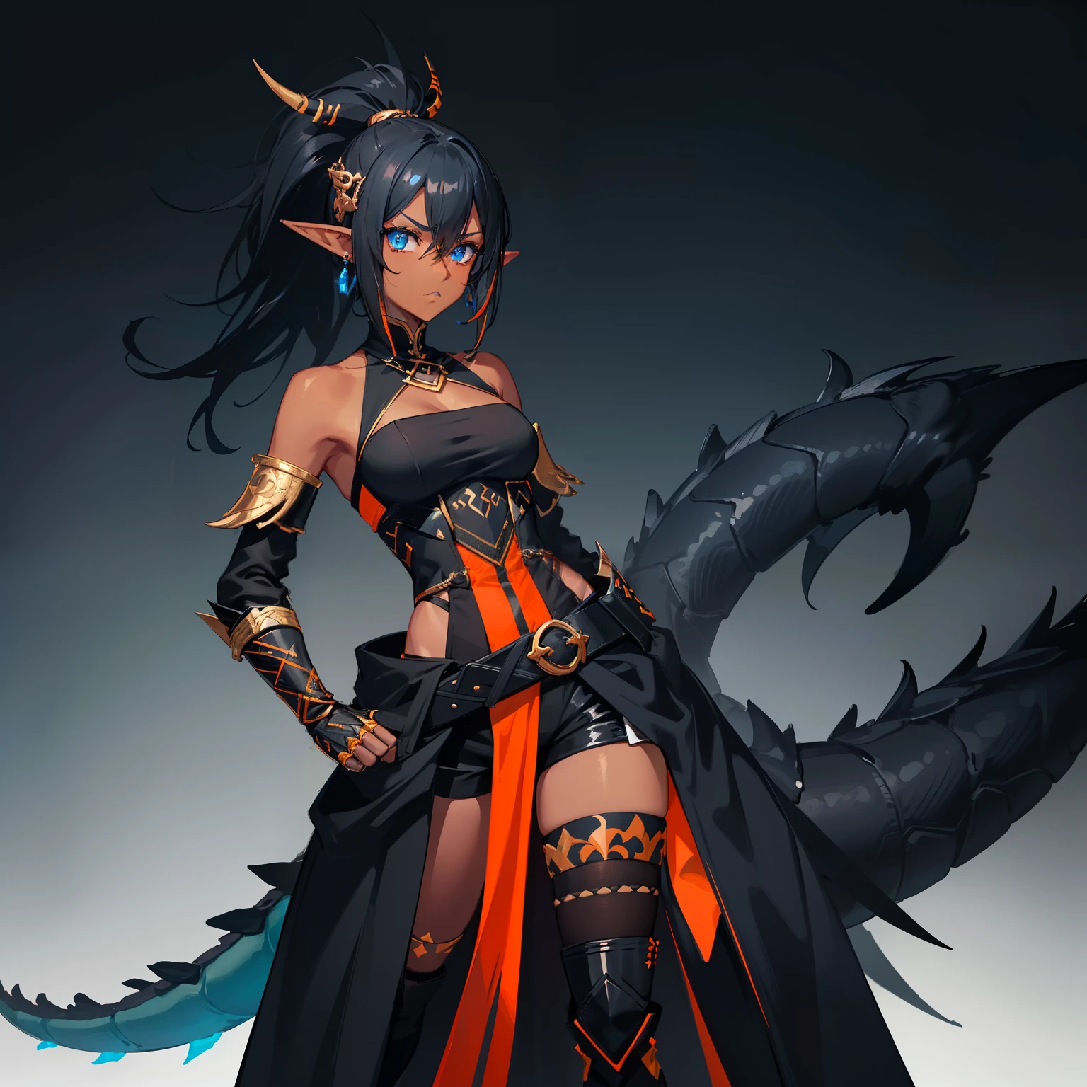 1girl , (((Dark Skin)))), Black Hair with Ponytail, (((Blue Eyes))), ((Black Metallic Gauntlets and Greaves with Orange and Silver Highlights)), (((The Clothes Have a Mix of Modern and Tribal))), (((The Clothes Have a Mix of Modern and Tribal))),  having mostly the color black, but having parts in orange, shoulders exposed, at the hip a shorts that extend to half of the thigh of black color. ((Black Overcoat with a orange inner part)) absurd res, best res, high res, best face, best eyes, (((Dragon Tail))), ((Elf Ears))