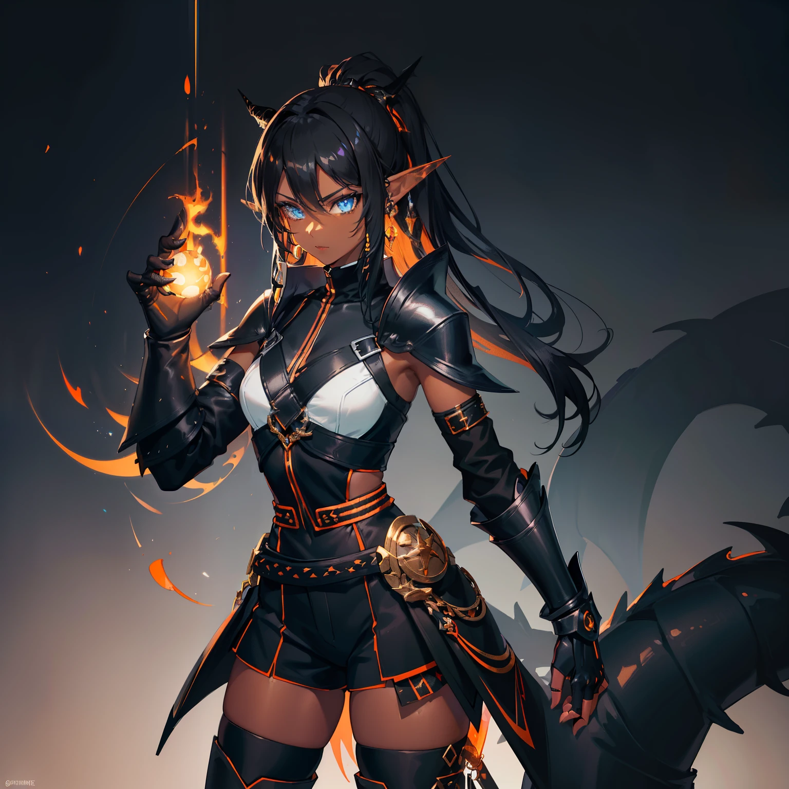 1girl , (((Dark Skin)))), Black Hair with Ponytail, (((Blue Eyes))), ((Black Metallic Gauntlets and Greaves with Orange and Silver Highlights)), (((The Clothes Have a Mix of Modern and Tribal))), (((The Clothes Have a Mix of Modern and Tribal))),  having mostly the color black, but having parts in orange, shoulders exposed, at the hip a shorts that extend to half of the thigh of black color. ((Black Overcoat with a orange inner part)) absurd res, best res, high res, best face, best eyes, ((((Dragon tail))))