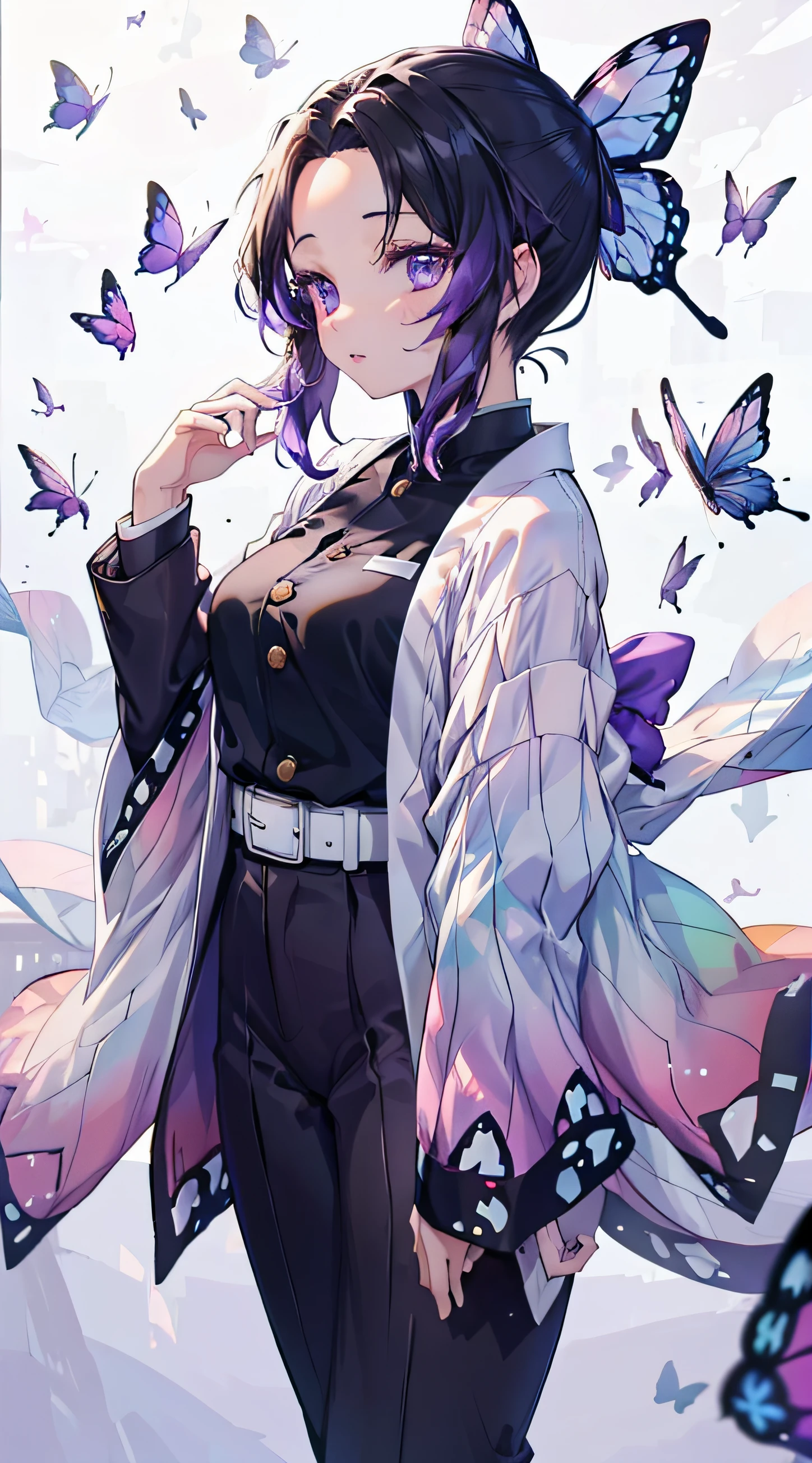 A girl with black hair that graduated to violet at the bottom, long front hair divided into two parts, a very small hair tie tied with a purple butterfly, wide eyes that graduated from white to dark violet at the bottom, wearing a dark purple shirt with golden buttons and short dark purple pants with a white kimono. Gradient green and pink at the bottom with butterfly wing patterns, pantyhose in the same color and pattern as the kimono.