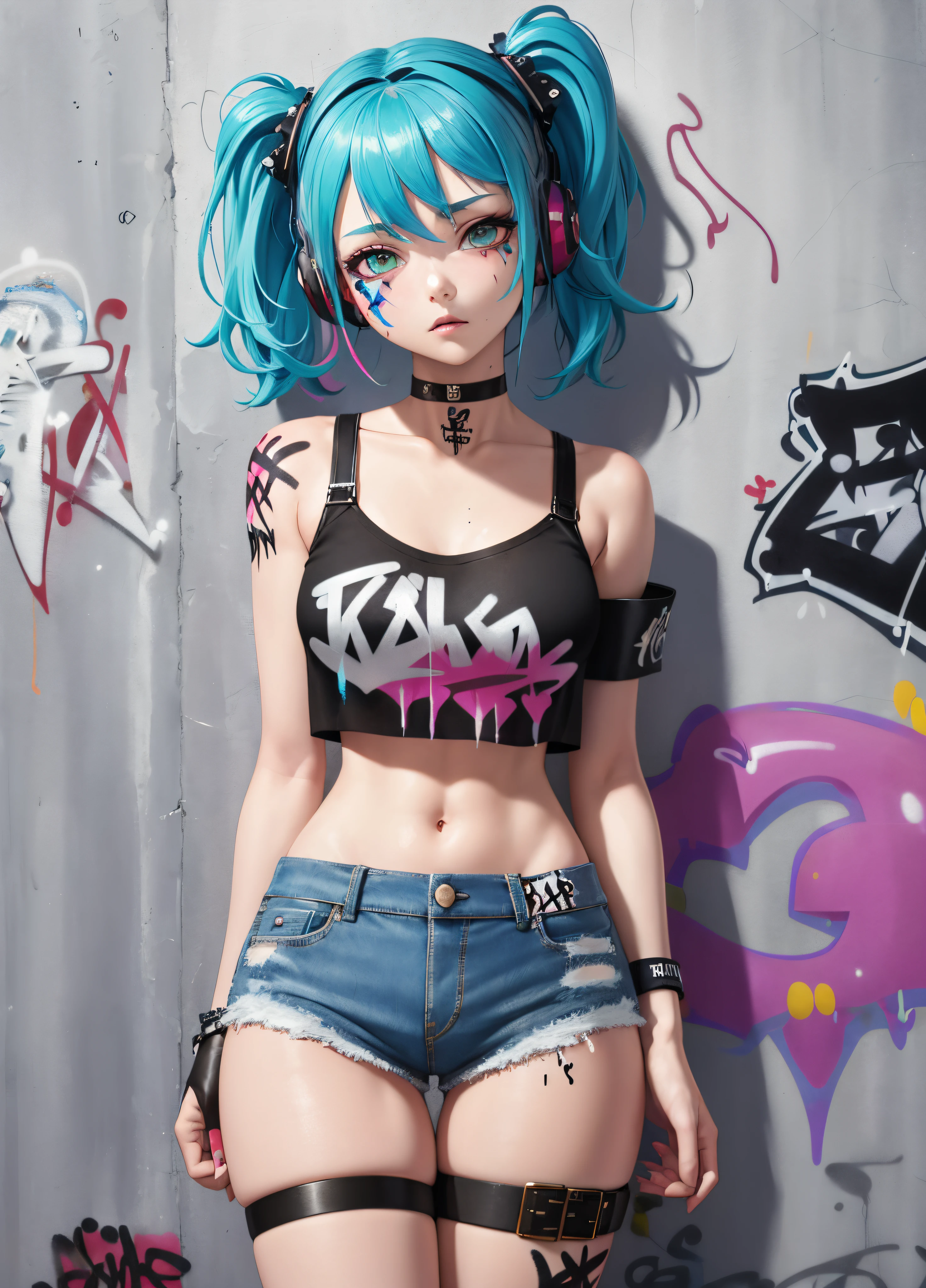 1woman with short pants fashion, background (wall with (Graffiti Comics:1.2):1.2), full body shot, big breast, big butt, huge breasts, gigantic breasts