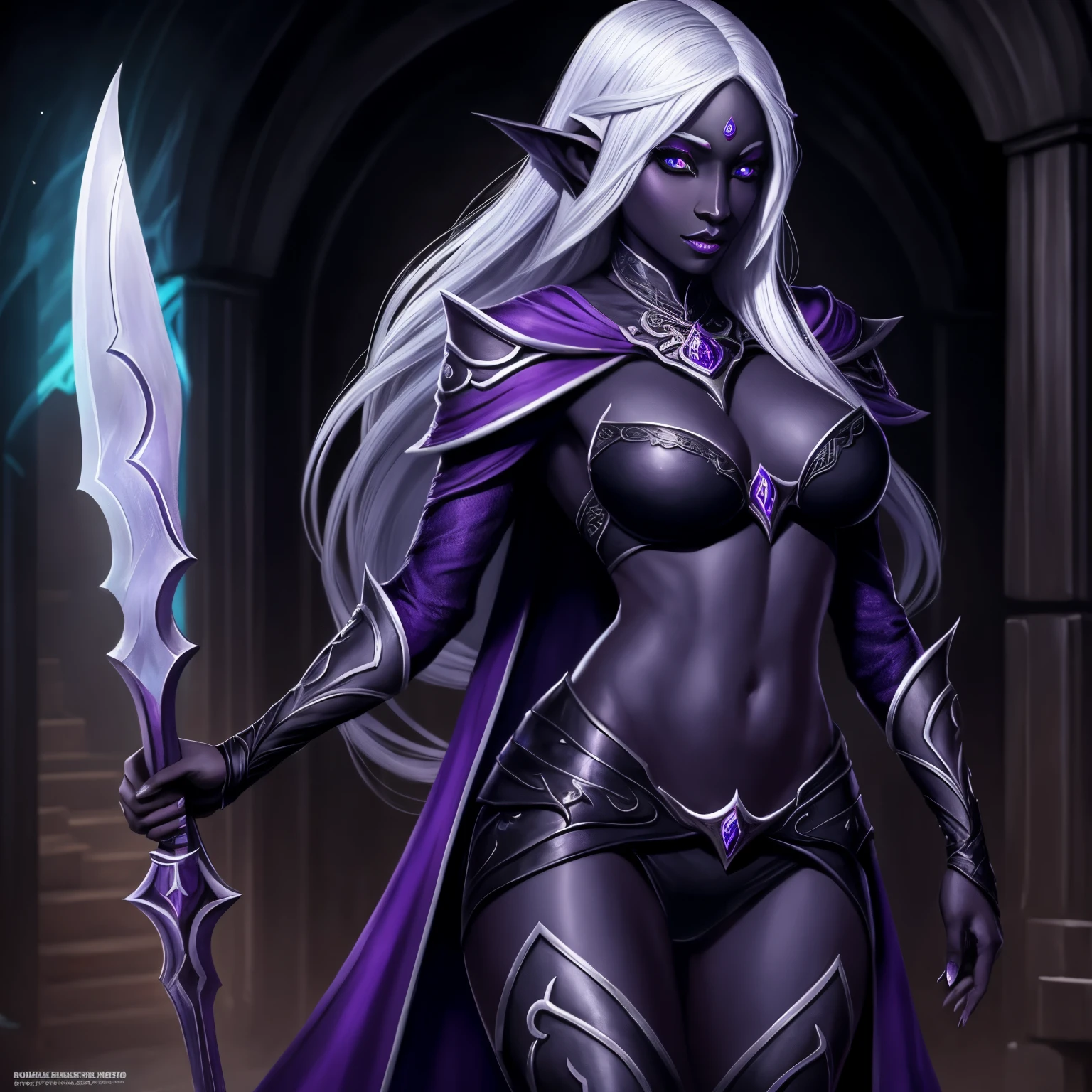 Beautiful female drow, rosto bonito, Evil countenance nice body, olhos vermelos, cabelo prateado, vestindo armadura, capa , 8k, extremamente detalhado, ultra realista