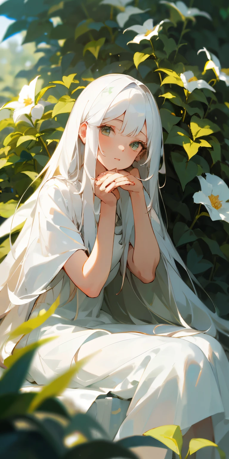 Anime girl in white dress sitting in bushes with her hands on her face ...