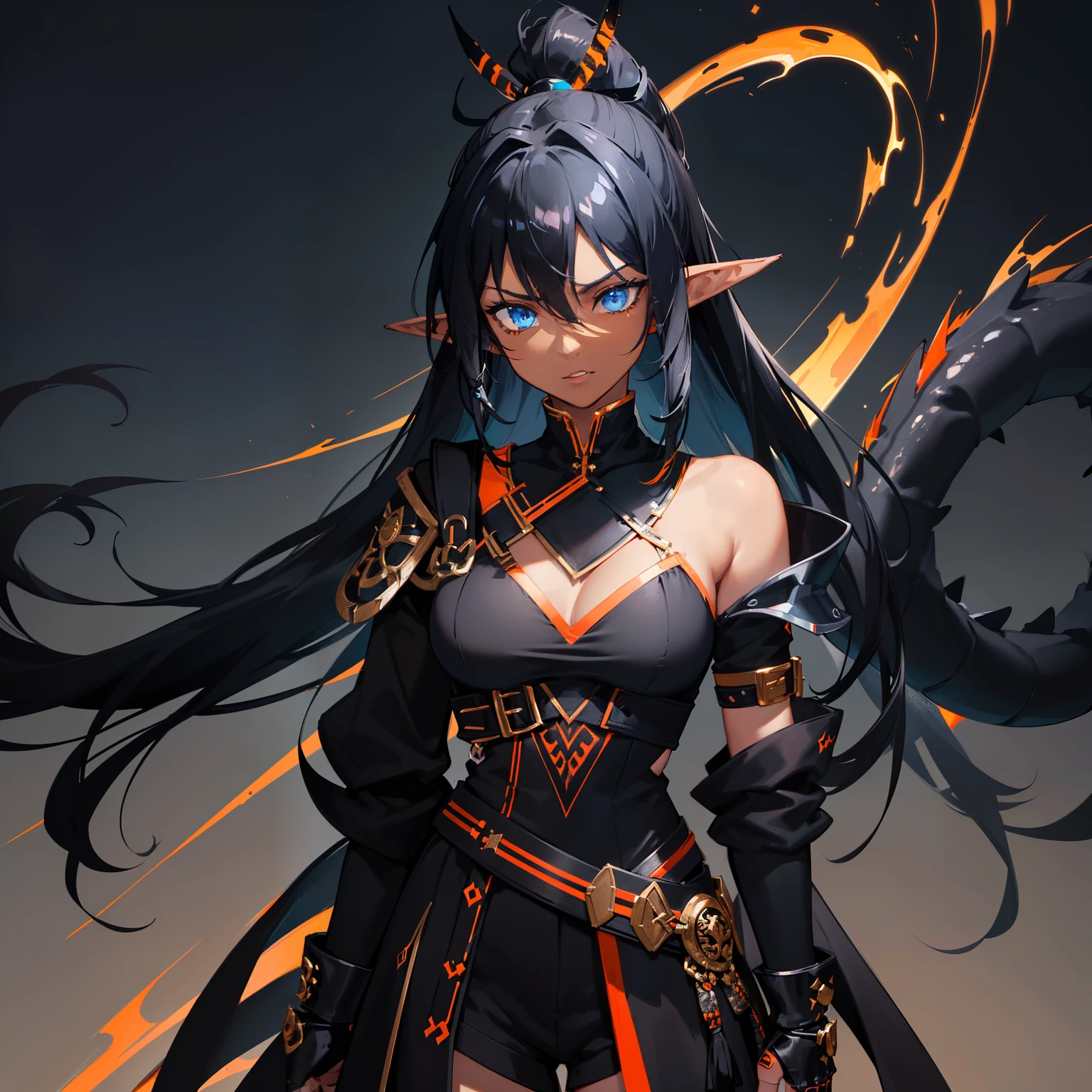 1girl , (((Dark Skin)))), Black Hair with Ponytail, (((Blue Eyes))), ((Black Metallic Gauntlets and Greaves with Orange and Silver Highlights)), (((The Clothes Have a Mix of Modern and Tribal))), (((The Clothes Have a Mix of Modern and Tribal))),  having mostly the color black, but having parts in orange, shoulders exposed, at the hip a shorts that extend to half of the thigh of black color. ((Black Overcoat with a orange inner part)) absurd res, best res, high res, best face, best eyes, (((Dragon Tail))), ((Elf Ears))