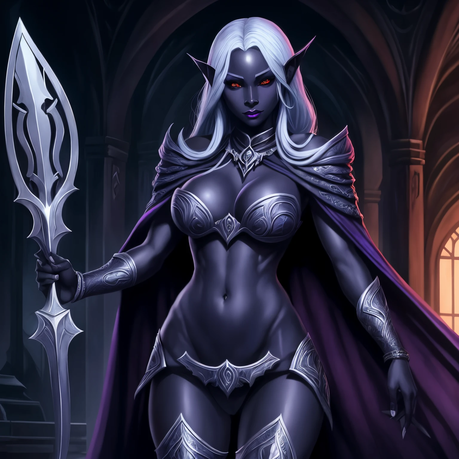 Beautiful female drow, rosto bonito, Evil countenance nice body, olhos vermelos, cabelo prateado, vestindo armadura, capa , 8k, extremamente detalhado, ultra realista