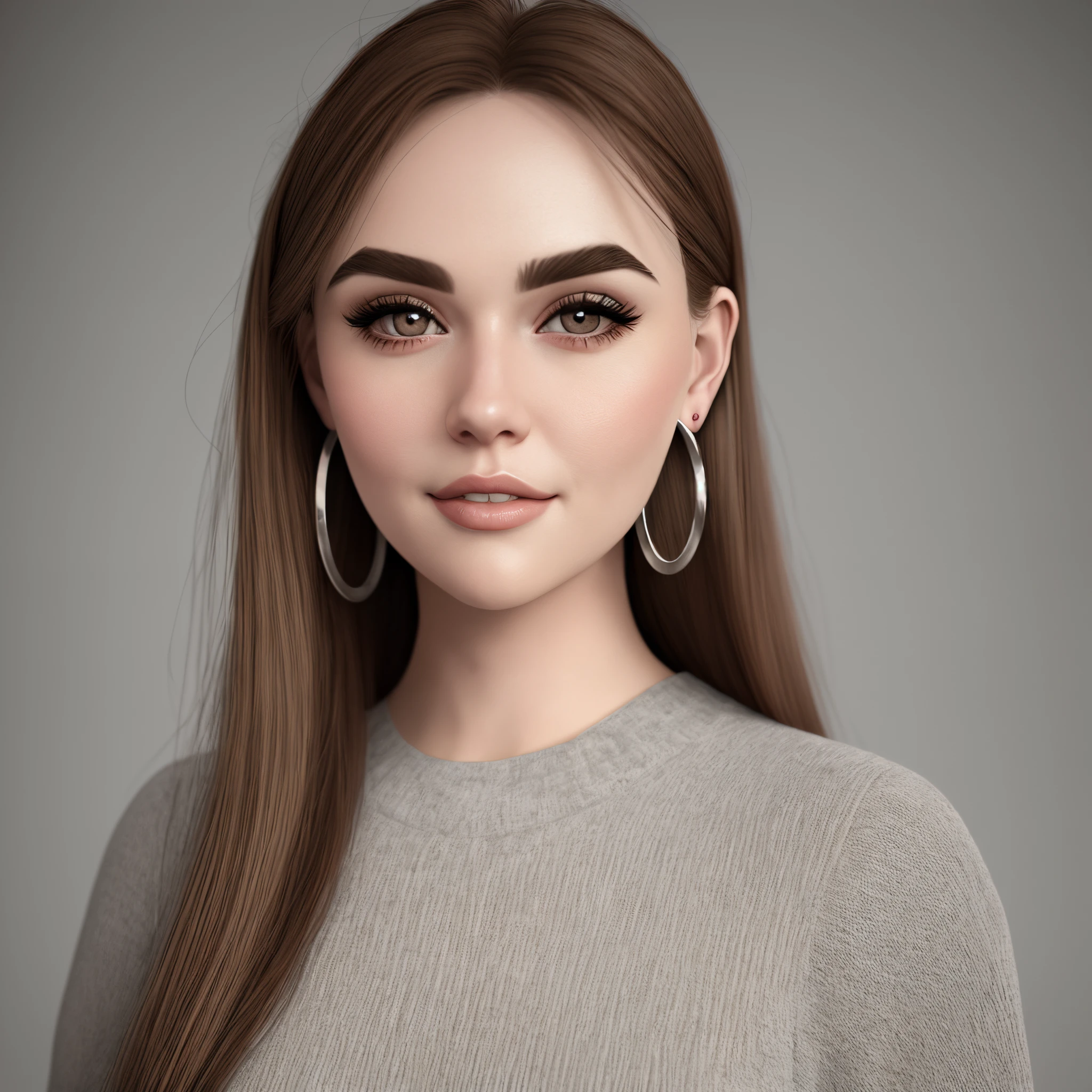 Pixar picture of a cute fat women with brown hair and big brow eyes wearing silver hoop earrings 3d picture