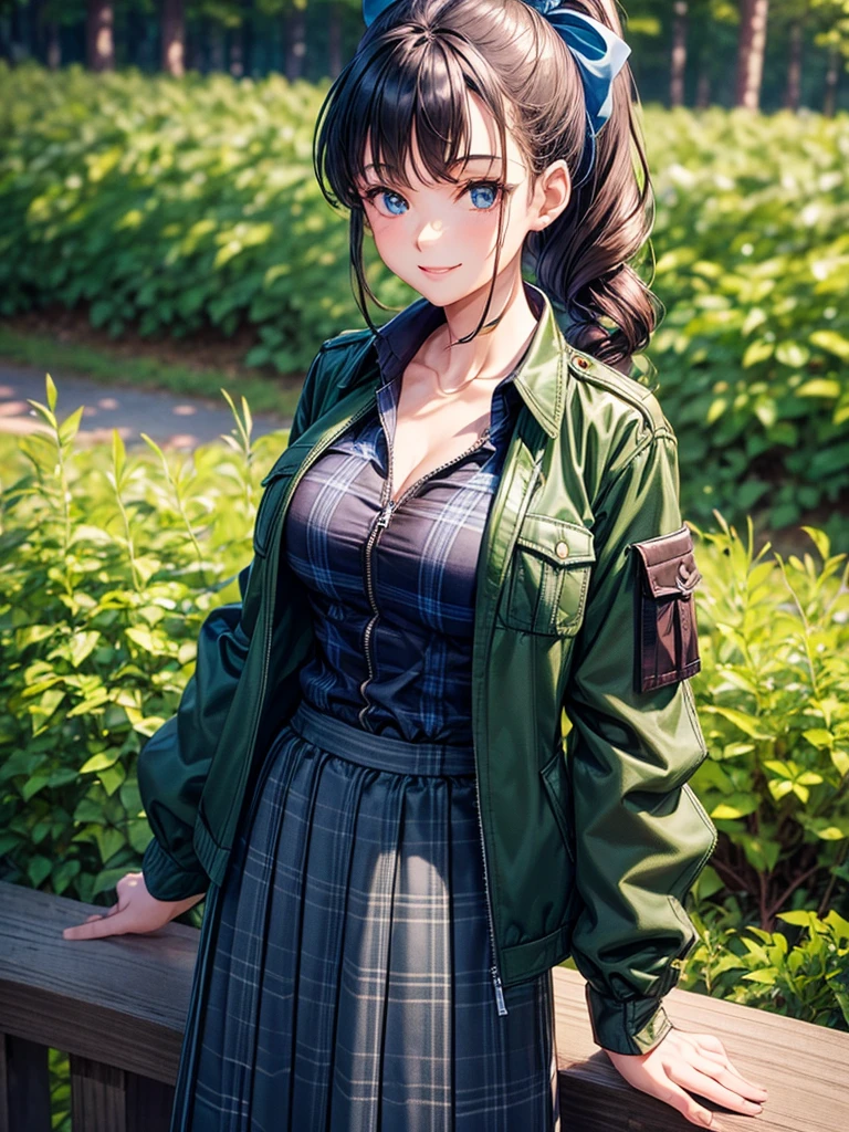 1girl, solo, full body, forest, dark green hair, curly hair, ponytail, large breasts, button down, ((opened brown zipper jacket)), dark blue eyes, ((blue shirt)), ((checked shirt)), ((unbuttoned shirt)), ((long skirt)), smile, looking at the viewer, standing, hair ribbon