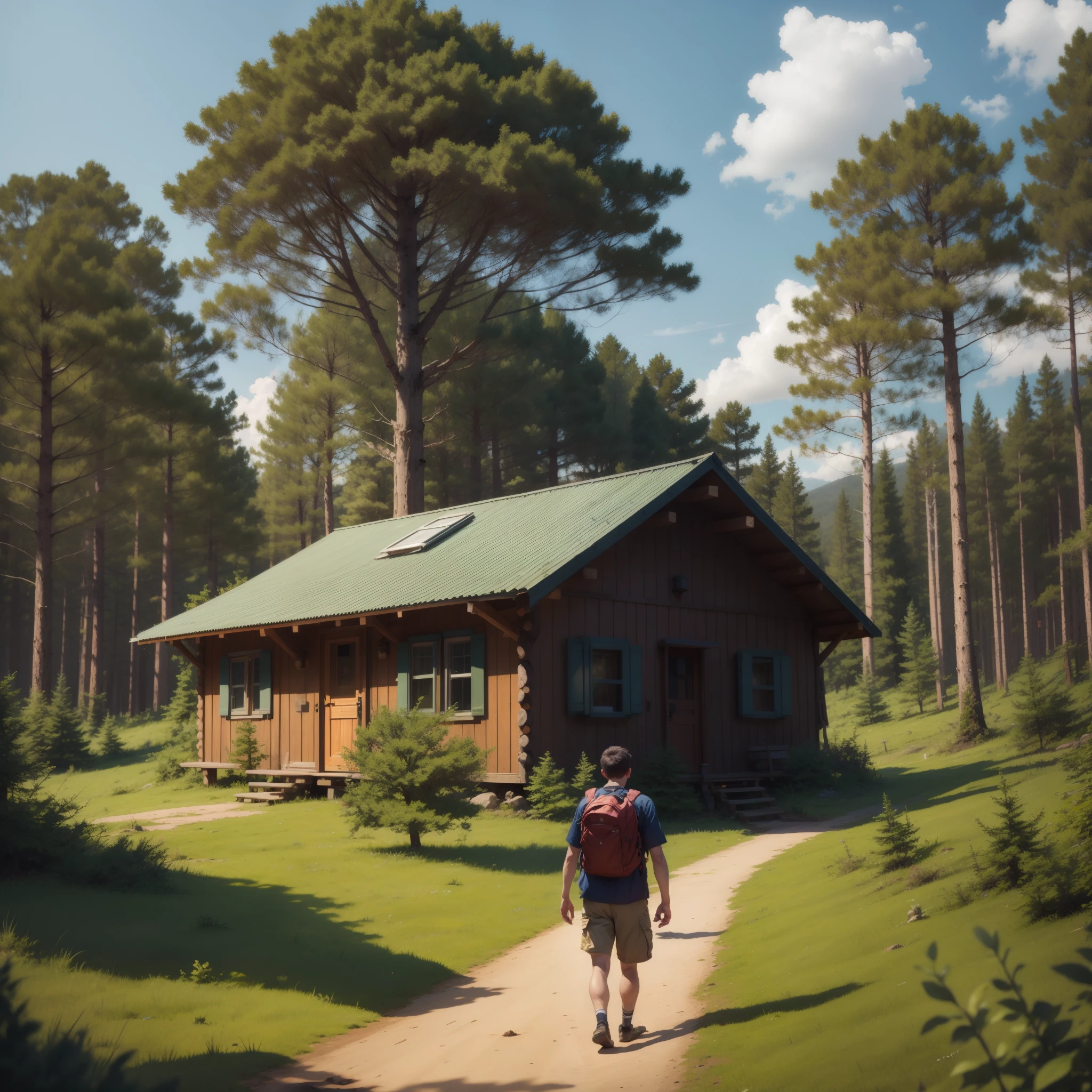 In front of a cabin, two man are facing each other, in the woods