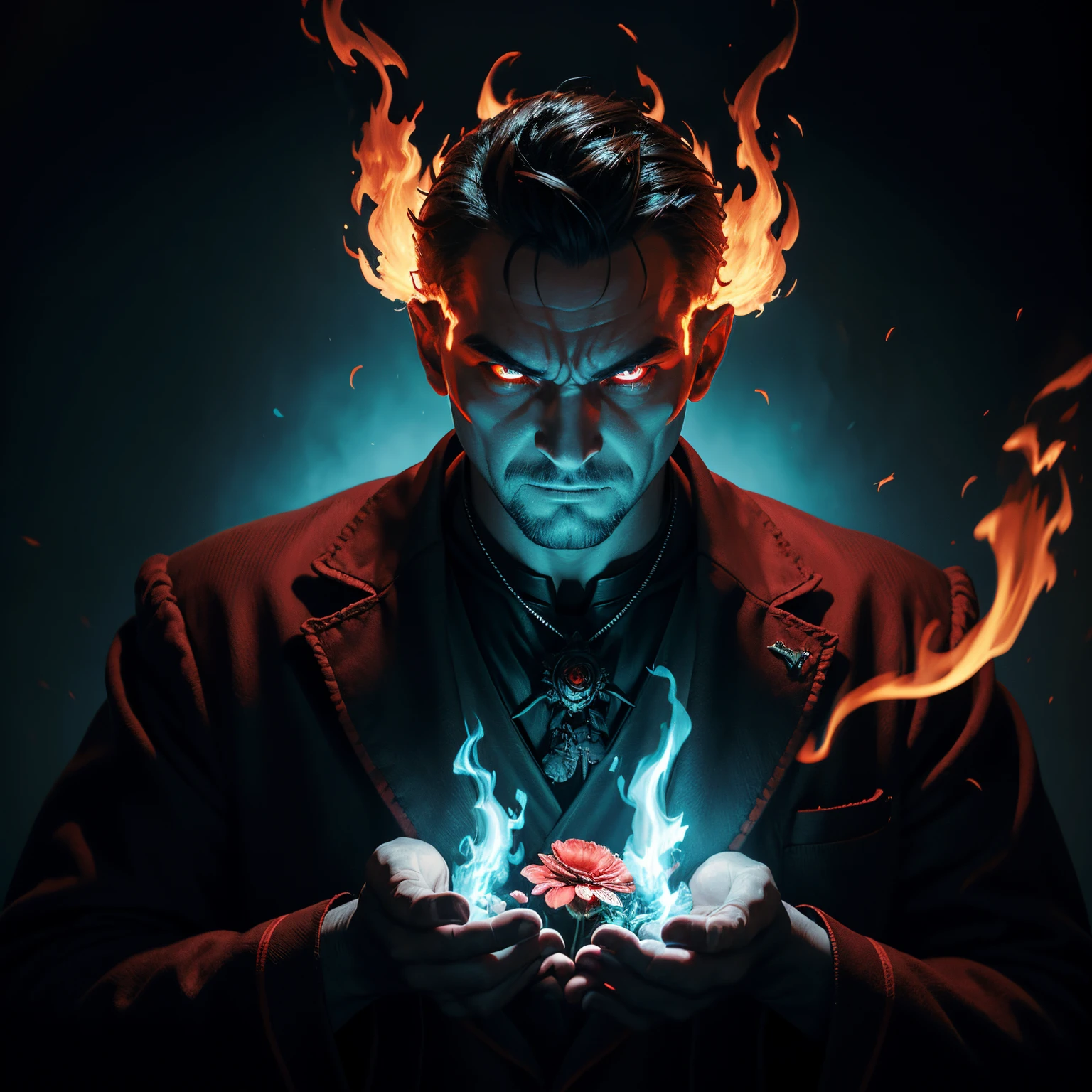 a man with a demon face holding flowers with flames in his hands, in the style of dark cyan and red, illustrative realism, gamercore, mysterious backdrops, 32k uhd, ferrania p30, vibrant realism