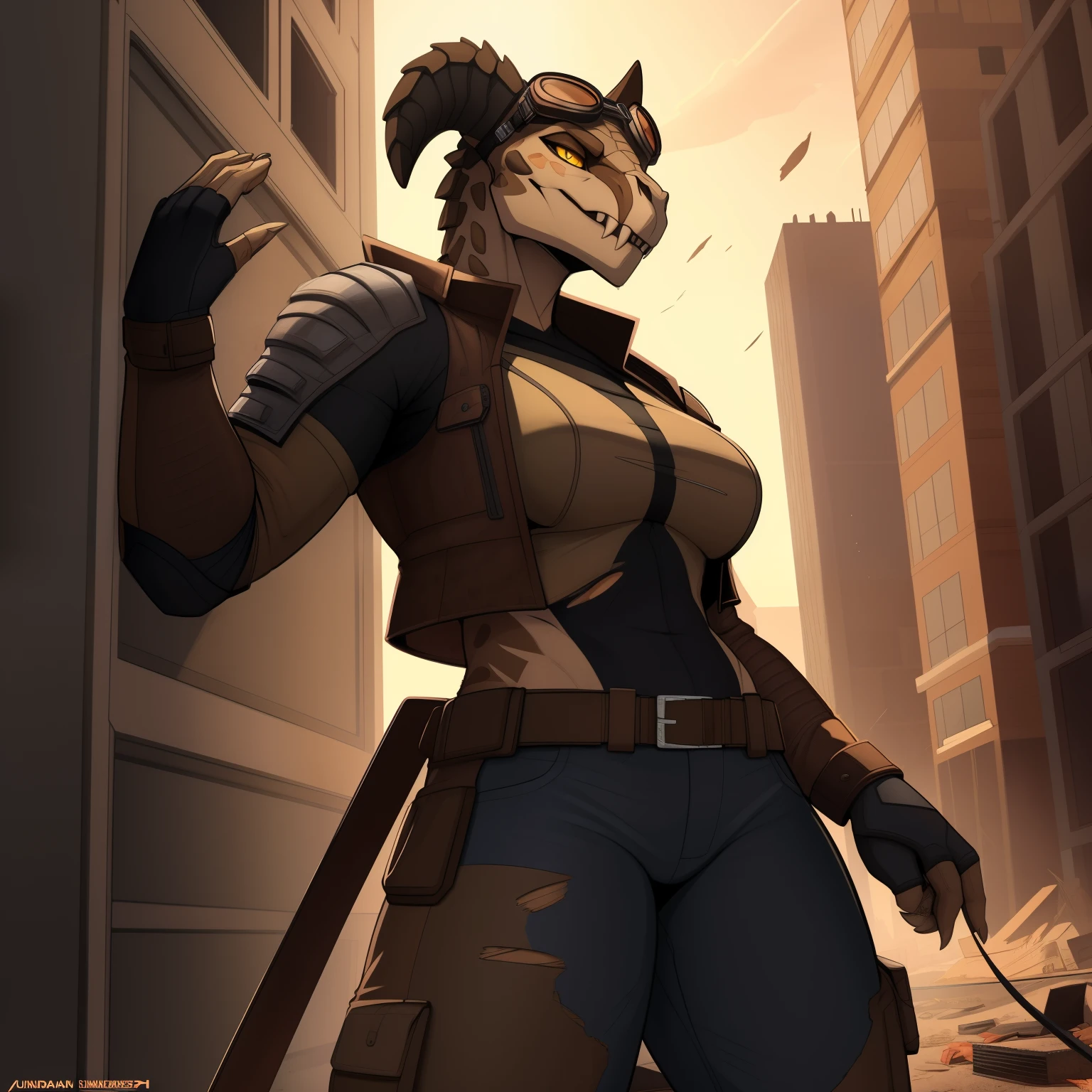 Tall_lanky_muscular_deathclaw female dark_beige_scaled_body spotted_scales yellow_eyes solo Masterpiece best_quality absurdres highly_detailed cleanly_drawn_eyes anthro_only by_claweddrip, by_greasymojo, by_underscore-b, by_runawaystride ripped_cargo_pants torn_leather_longcoat tactical_body_armor fingerless_gloves goggles destroyed_building heavy_dust_storm cocky_smile