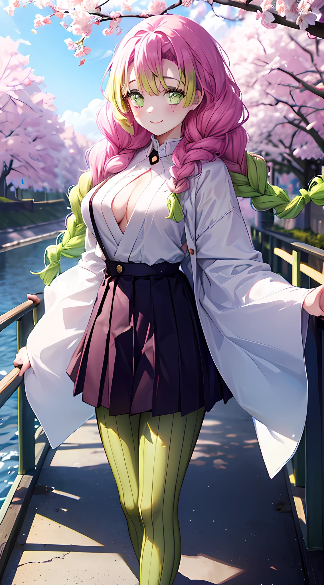 A girl with pink hair that fades to green at the bottom, short front hair, two large braids of hair in the front and a third braid in the back, large green eyes with dark green pupils, with two moles under her eyes, wearing a dark purple shirt with gold buttons, showing her breasts a little, With a dark purple short skirt and a white kimono , black striped green pantyhose, she looks at the viewer and smiles, standing on a bridge with a background of cherry blossom trees.