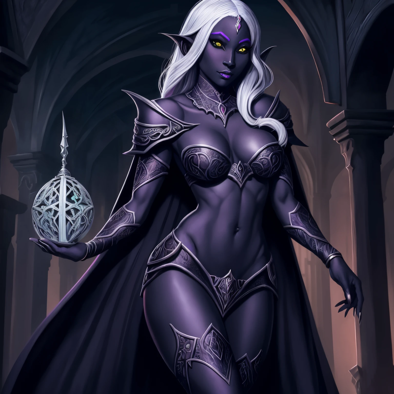 Beautiful female drow, rosto bonito, Evil countenance nice body, olhos vermelos, cabelo prateado, vestindo armadura, capa , 8k, extremamente detalhado, ultra realista