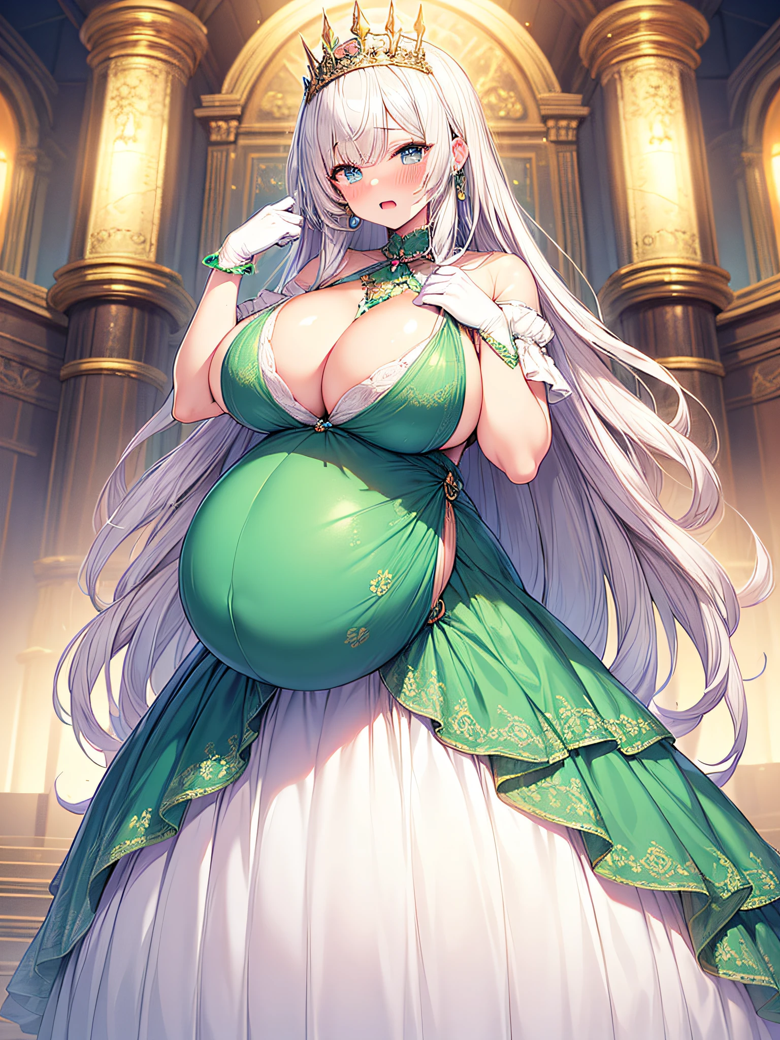 anime artstyle,Masterpiece,(Best Quality),(Super Detail),(Very Delicate and Beautiful),(Solo),((full body portrait)),full body,full body portrait,(detailed face and eyes),jewel-like beautiful eyes,beautiful female princess,((pregnant princess,pregnant woman at full term,late in pregnancy,heavily pregnant,solo,)),((Embarrassed,anguish)),elegant pose,(gorgeous rococo ballgown decorated with frilled voluminous full length hoop skirt),((beautiful embroidery and jeweled gorgeous rococo ballgown with voluminous full length hoop skirt)),((Crinoline)),super detailed gorgeous rococo ballgown with frilled voluminous full length hoop skirt,(large amount of straight hair,extremely voluminous Very Long straight Hair,Absolutely Long Straight Hair),((gigantic boobs)),cleavage,(fantasy castle,outdoors,outside the castle),long_gloves,extremely gorgeousfull jeweled hair ornament,bling-bling extremely gorgeousfull jeweled tiara,(luxurious jewelry),full body portrait