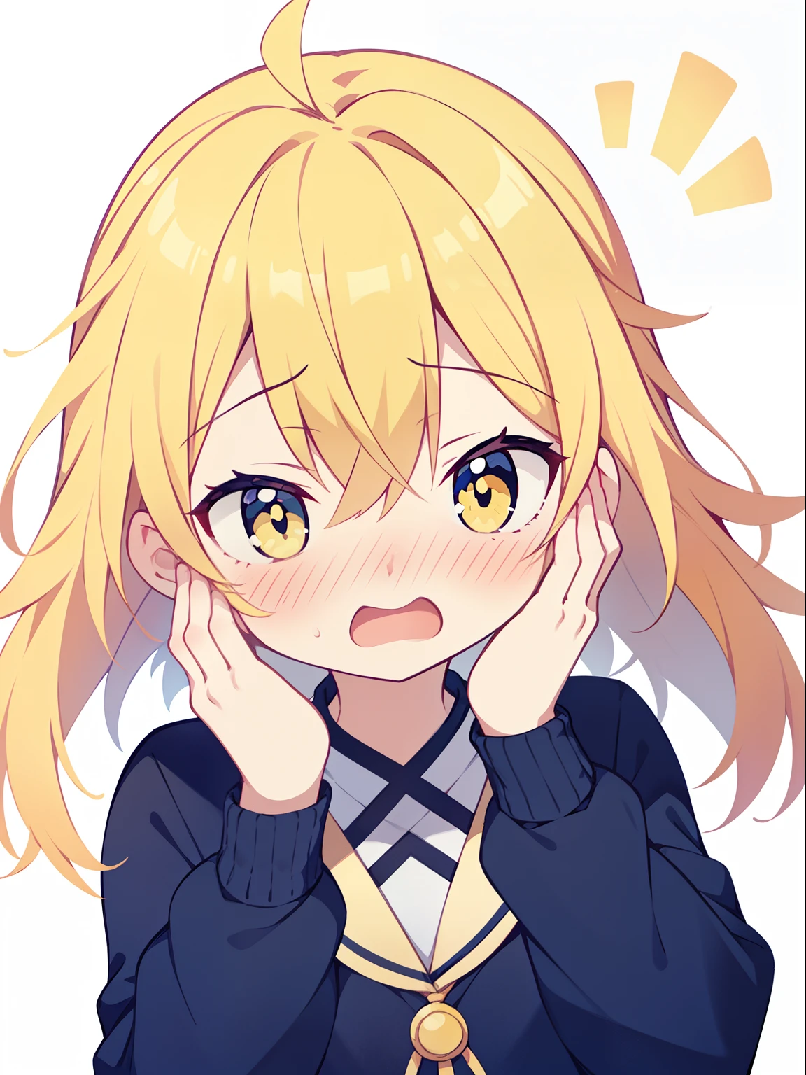 Anime style, 1 girl, 独奏, yellow hair strokes, square, I lowered my head, Embarrassed, Hair covers the face, The face is not visible, head lowered, Simple background