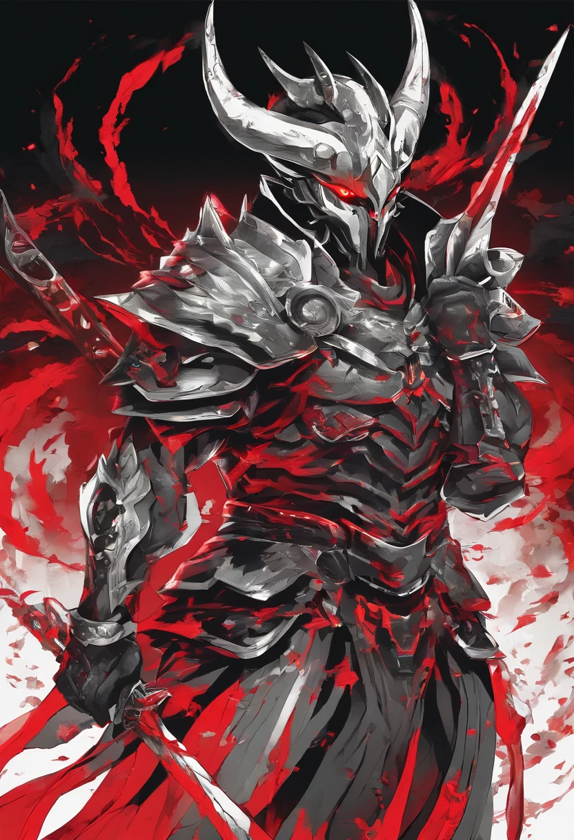 Demon Warrior corpo inteiro, his two hands are holding two large dark blades that are scraping the ground, 2 red lights are coming from your eyes, estilo fantasia sombria, Roupas e armaduras tingidas de preto, With a hood that's masking your face