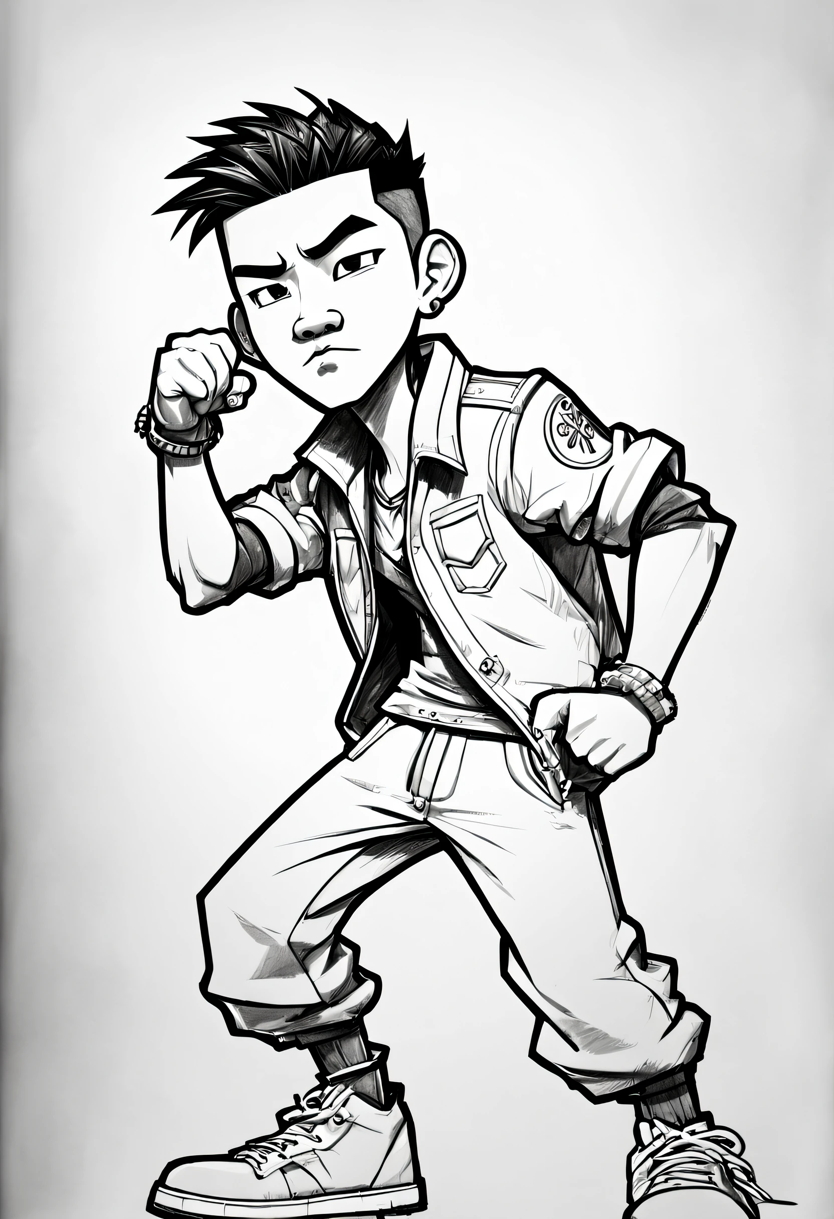 black and white highly detailed cartoon sketch of cartoony chinese thug  boy, cool style, cartoon character sketch, conceptual art sketch, concept art sketch, pencil sketch, traditional sketch, graphite pencil sketch, 5H graphite shadows, 8B graphite lines, vibrant colors, bold 8B pencil lines, soft 5H pencil shading, different poses, poses, scanned sketch, scanned image, scanned paper, cartoon character, cartoon, monochromatic drawing, sketches of cartoon character, simple artstyle, simple art, simplistic artstyle, simple details,