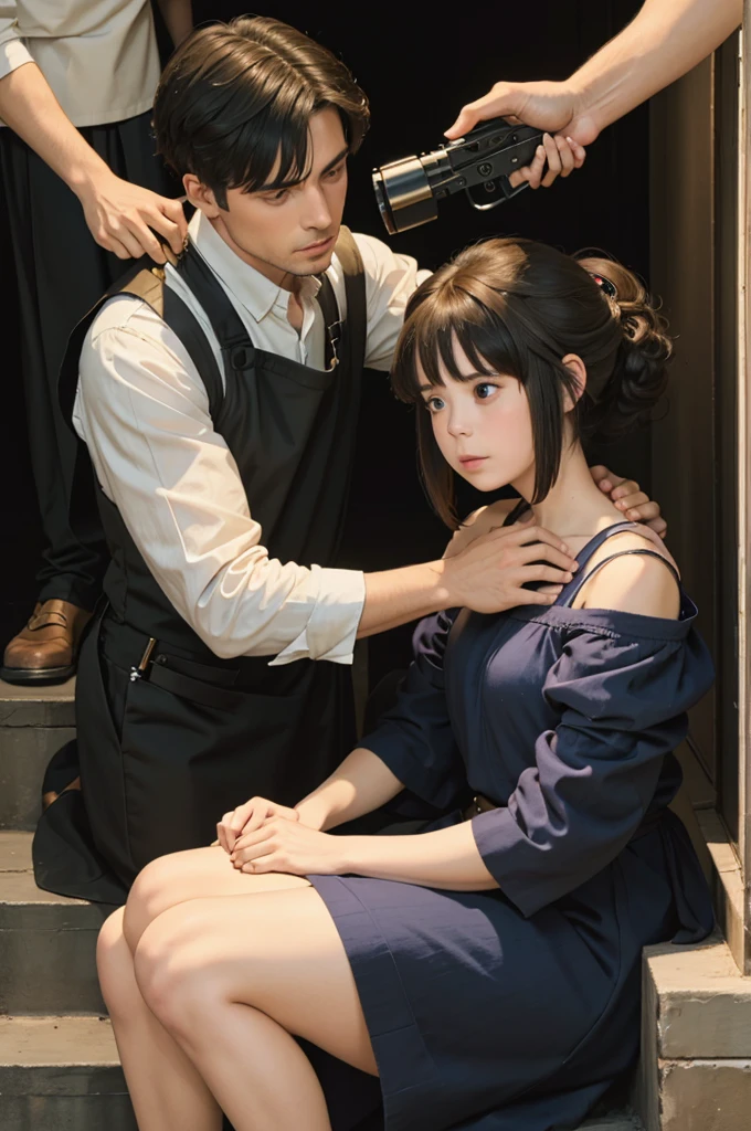 One woman and two men. One woman sitting on a step and having her hair cut by one man with clippers. She is in tears and wearing a dress. Another man holding a machine gun, by Klimt.