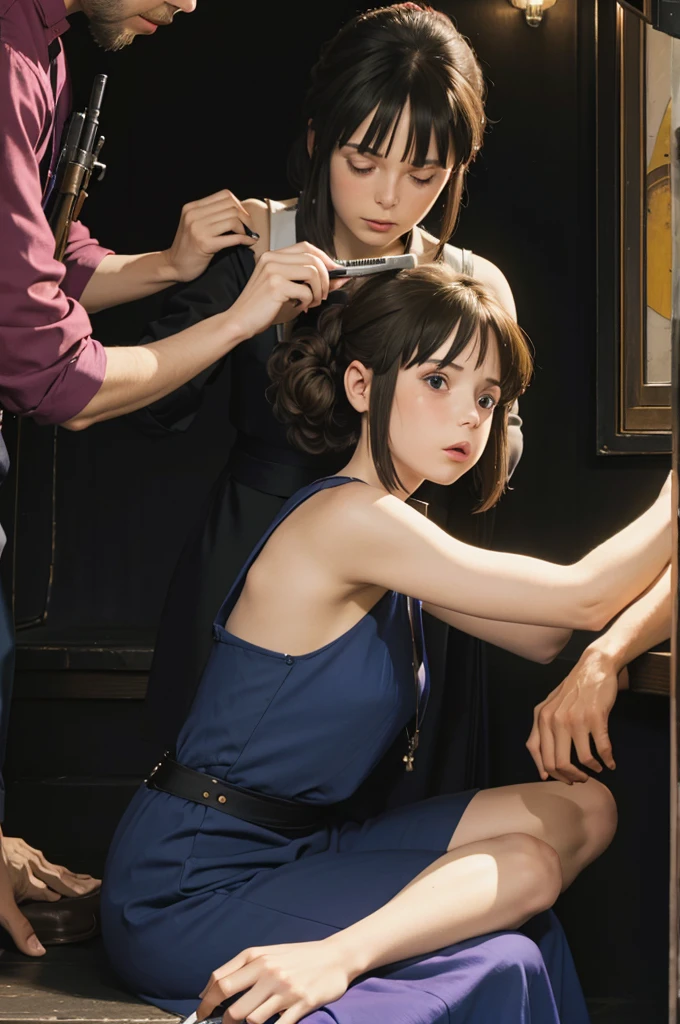 One woman and two men. One woman sitting on a step and having her hair cut by one man with clippers. She is in tears and wearing a dress. Another man holding a machine gun, by Klimt.