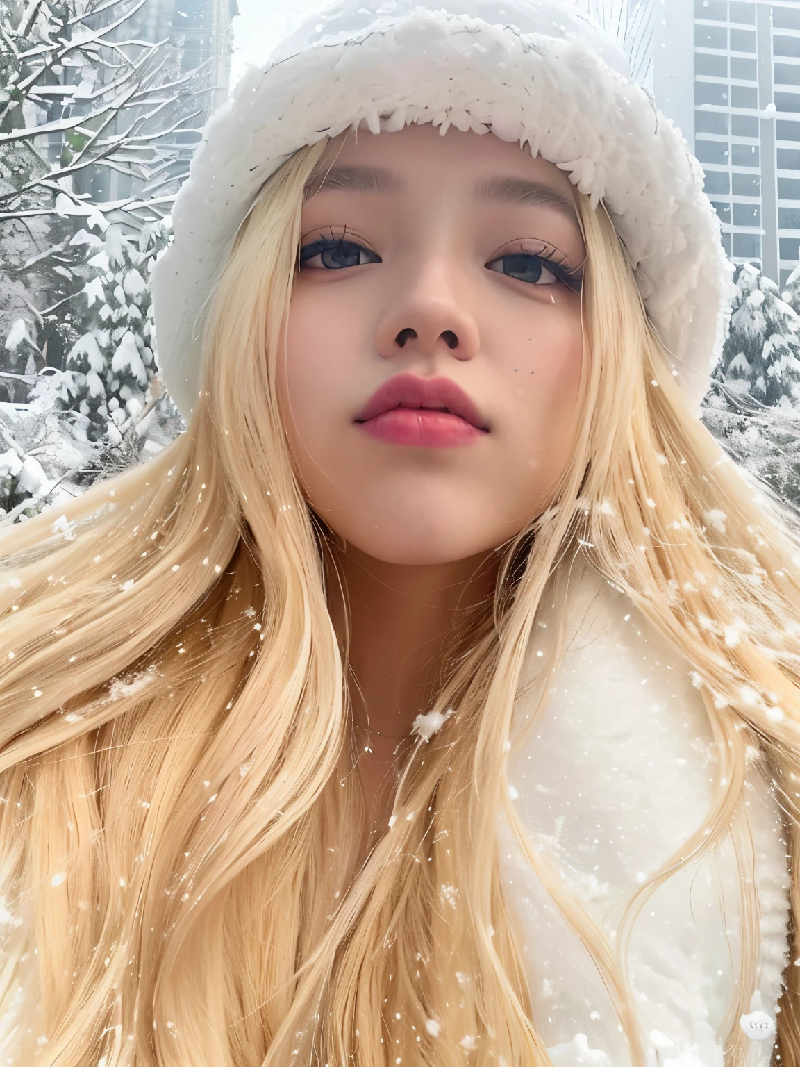 a close up of a girl with long blonde hair wearing a white hat, roseanne park of blackpink, jossi of blackpink, with white long hair, in snow, with long white hair, very long snow colored hair, lalisa manobal, ava max, in the snow, her hair is white, with long blond hair, lalisa manoban of blackpink