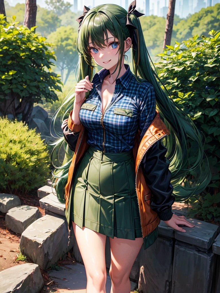 1girl, solo, full body, forest, ((dark green hair)), twintail, large breasts, button down, ((opened brown zipper jacket)), dark blue eyes, ((blue shirt)), ((checked shirt)), ((unbuttoned shirt)), ((long skirt)), smile, looking at the viewer, standing, hair ribbon