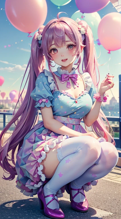 (fullllbody, Legs and shoes are visible: 1.2)) Expressive eyes, 1girl in, pale skin, Long hair, wind blown hair, ((absurdly long hair)), long sidelocks, Princess bangs, Hair fringe, Hair bun, ((very long twintails)), Iridescent hair, Light pink hair, Blushing, Full face blush, Big shining pastel purple eyes, (Gradient Eyes), Smile with open mouth, Cute Pose, ((holding balloons : 1.3))
((Cute and pastel fashion)) ((🦄🎠🎈🎉 theme : 1.4)) Flowing pastel dresses, ((Dreamy multicolored open dresses)), (floating ribbon), Lavender ruffles, Pink ruffles, (Light blue lace), Detached short sleeves, Puffy skirt, ((Rainbow and star printed skirt : 1.3)), Lolita skirt, Purple bow, ((Pom Pom Ribbon Hair Ornament : 1.4)), Multiple bows, Striped Lace Stockings, (Heart-shaped leg garter), Cute (Pastel purple) shoes ((Highly detailed clothes and fashion)) looking at you, Vintage Girl, Blushing, (Beautiful detailed eyes), (the Extremely Detailed CG Unity 8K Wallpapers) (Best Shadow), ((extremely delicate and beautiful)), (Detailed light), ((depth of fields)) Big head, Big sparkling eyes, Moe, Splash Art, Cinematic lighting, Frontal view, volumetric lighting maximalism photo illustration 64k resolution high resolution intricately detailed complex keys visuals precise linear
((Dreamy pastel sky background, Surrounded by sunset clouds, shooting stars, Castle in the clouds)) ((Ultra-detailed landscapes, Foggy clouds, Hung by balloons, inner strength : 1.3))