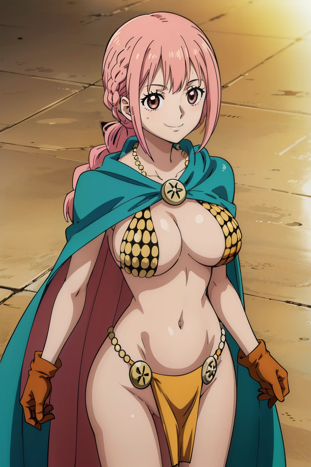 anime cels style, best quality, high resolution, rebecca, large breasts, (narrow waist:1.2), brown eyes, short hair, long hair, ponytail, braid, pink hair, brown gloves, bikini armor, loincloth, green cape, cowboy shot, smile