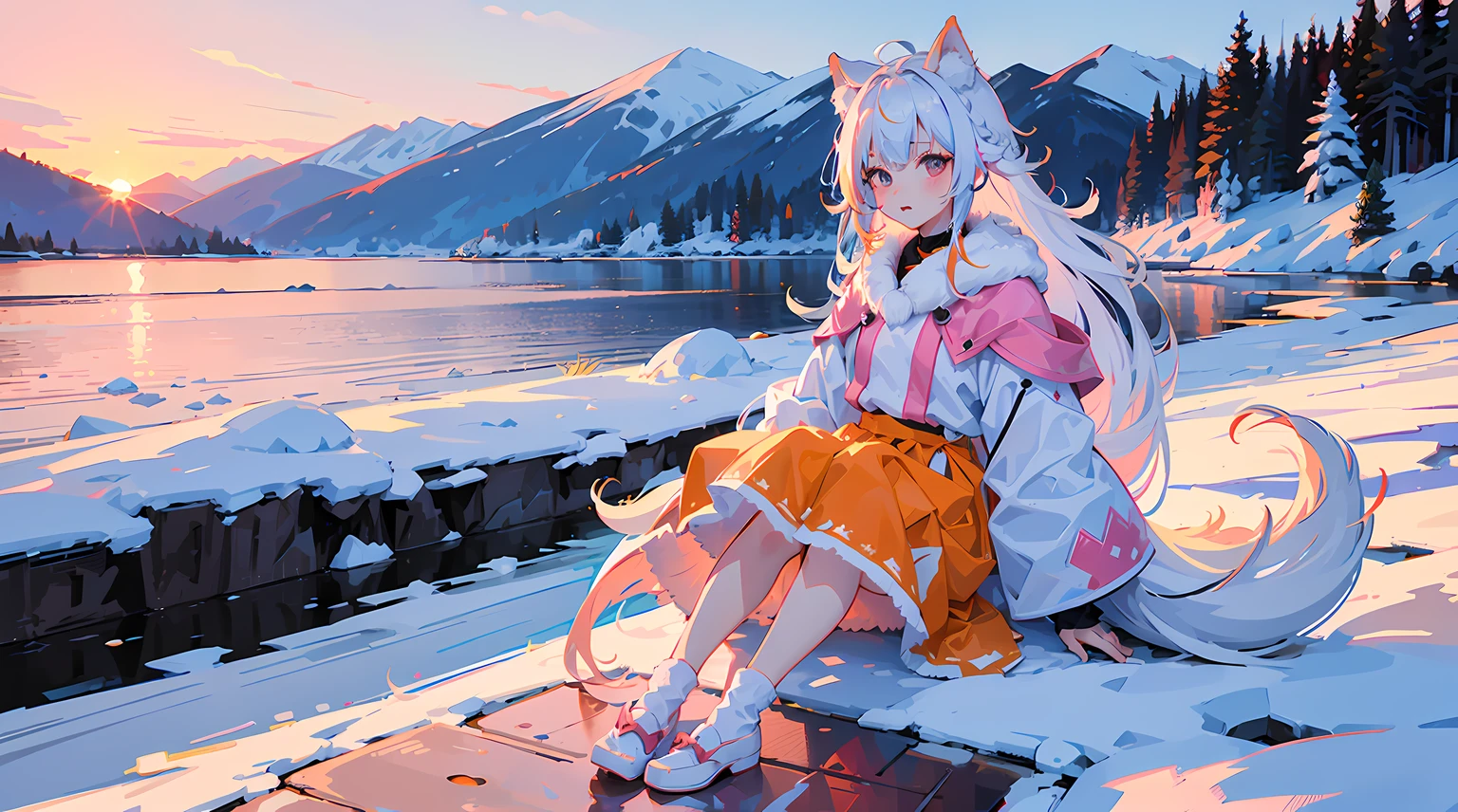 senko-san, loli, big freezed lake, winter, multicolored hair, white hair, pink hair, orange skirt, orange sunset, 1girl, hi resolution, 4k, sakura, snowed lake, pink scratches on a face, skirt with fur, white ears, ears with fur, cute face, whie-pink hair, bob hairstyle, snow on a lake, icy lake, short girl, charachter sits on her butt, 6 years old, sitting on a snow, orange small boots, white long socks, tail lying on the snow, white tail, fluffy tail, tail from butt