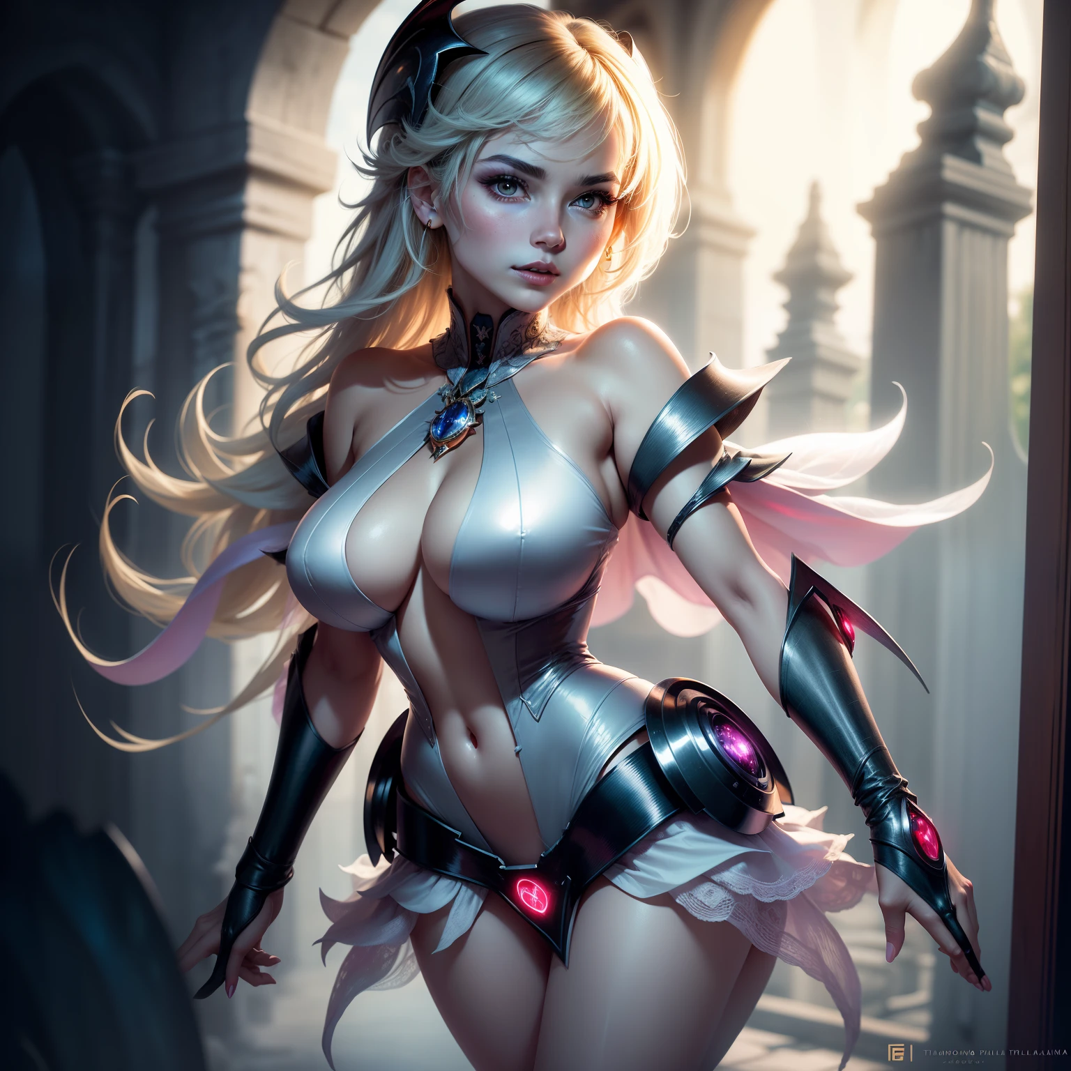 Incredibly detailed photograph of a beautiful vampire alien woman, Renacimiento, Pelo largo y blanco, intrincados ojos blancos, genial, ethereal, hiperdetalhado, 32k resolution, dynamic  lighting, ombligo cubierto, hiper detallado, Intrinsically detailed, tendencias en Artstation, Traje de lujo blanco, volumetric illumination, BalenciagaStyle, De pie de cuerpo entero frente al castillo a la luz de la luna
