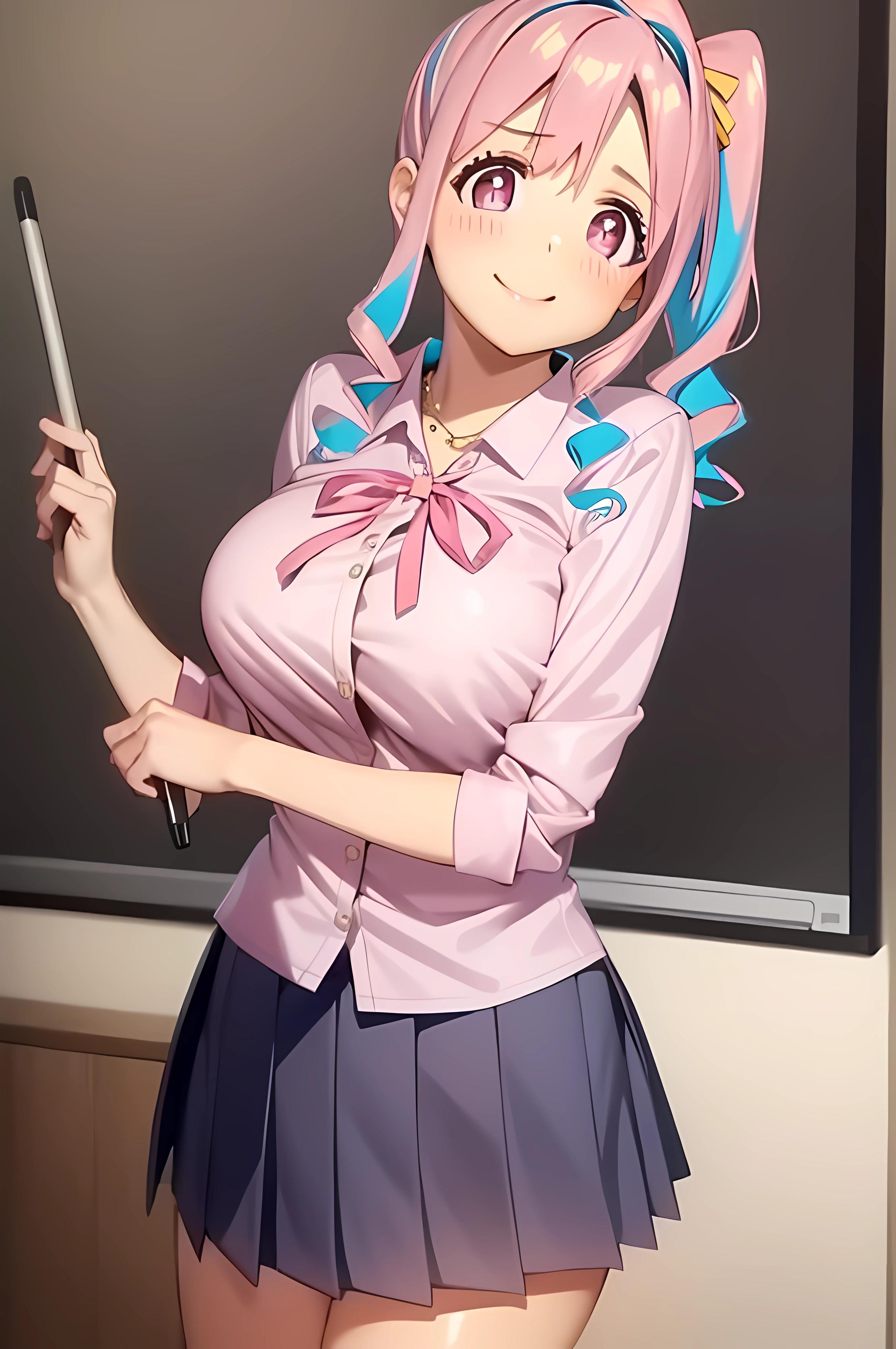 1 girl,solo,(hozukikaede:1.1),(pink shirt,pleated skirt,ribbon,school uniform:1.2),indoors,school classroom,desk,whiteboard,smile,closed mouth,gigantic breasts