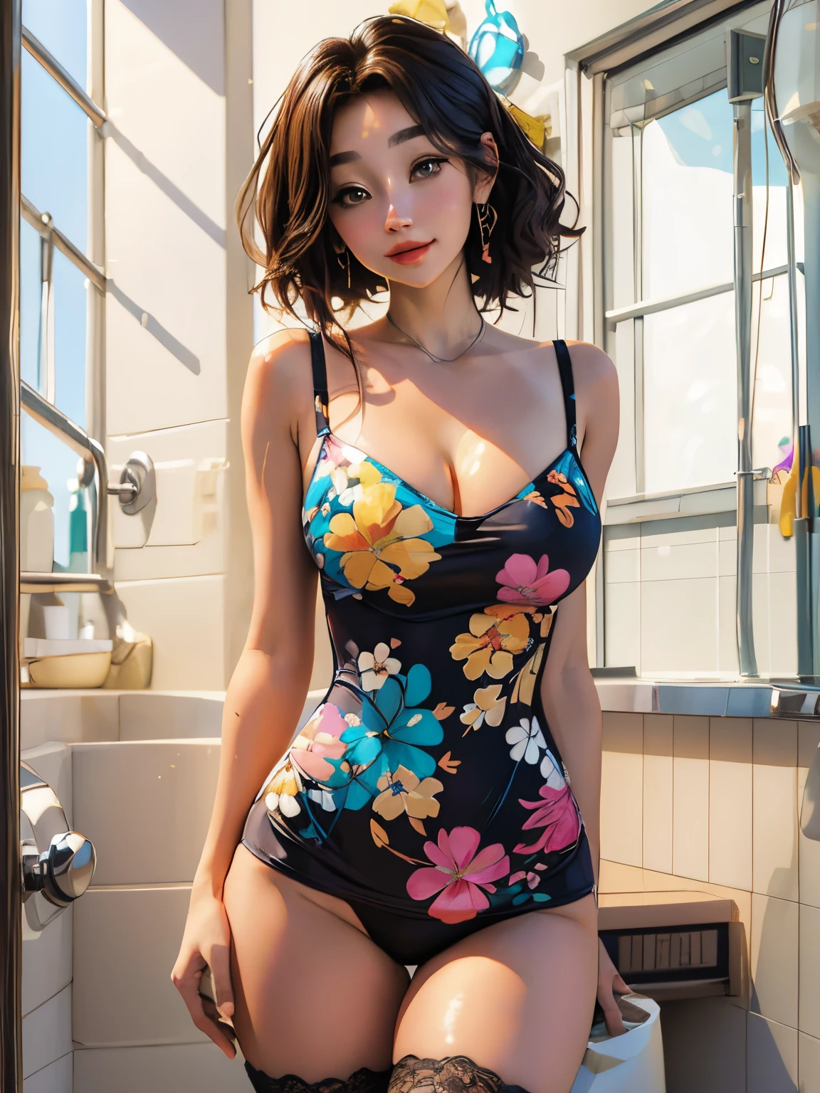 There is a woman in a floral swimsuit posing for a photo, Cuerpo perfecto fotorrealista, Render fotorrealista de Anime Girl, is wearing a swimsuit, seductora chica de anime, Hermosa obra de arte digital, Anime CG arte suave, Imagen ultra realista, Hermosa y seductora mujer de anime, in retro swimsuit, Linda chica con traje sin mangas, Cuerpo perfecto sombreado realista, Estilo realista de anime 3D, swimming suit