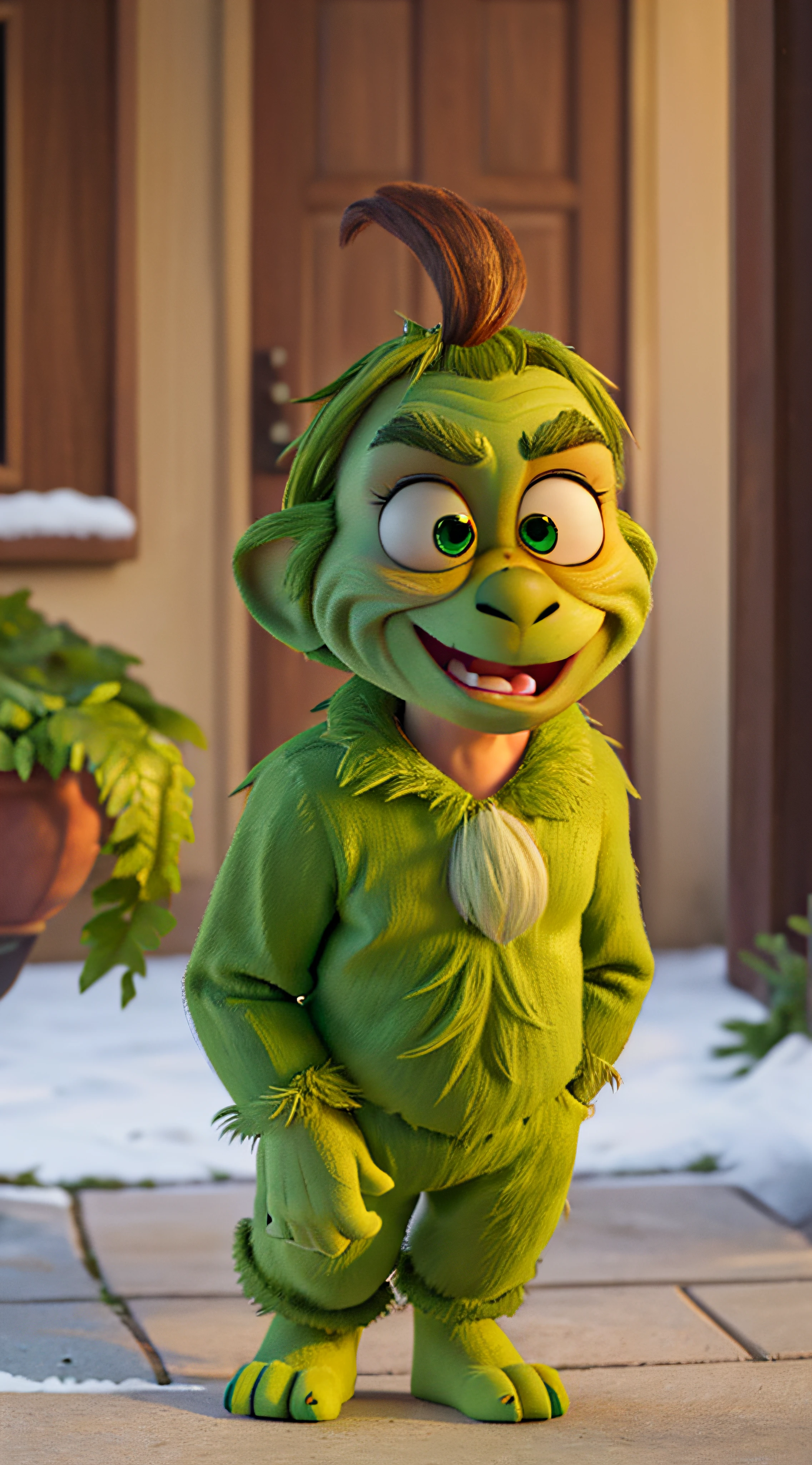 (detailed character description: 1.1) , (best quality, highres: 1.2), (realistic, photorealistic: 1.37), The baby Grinch disney pixar