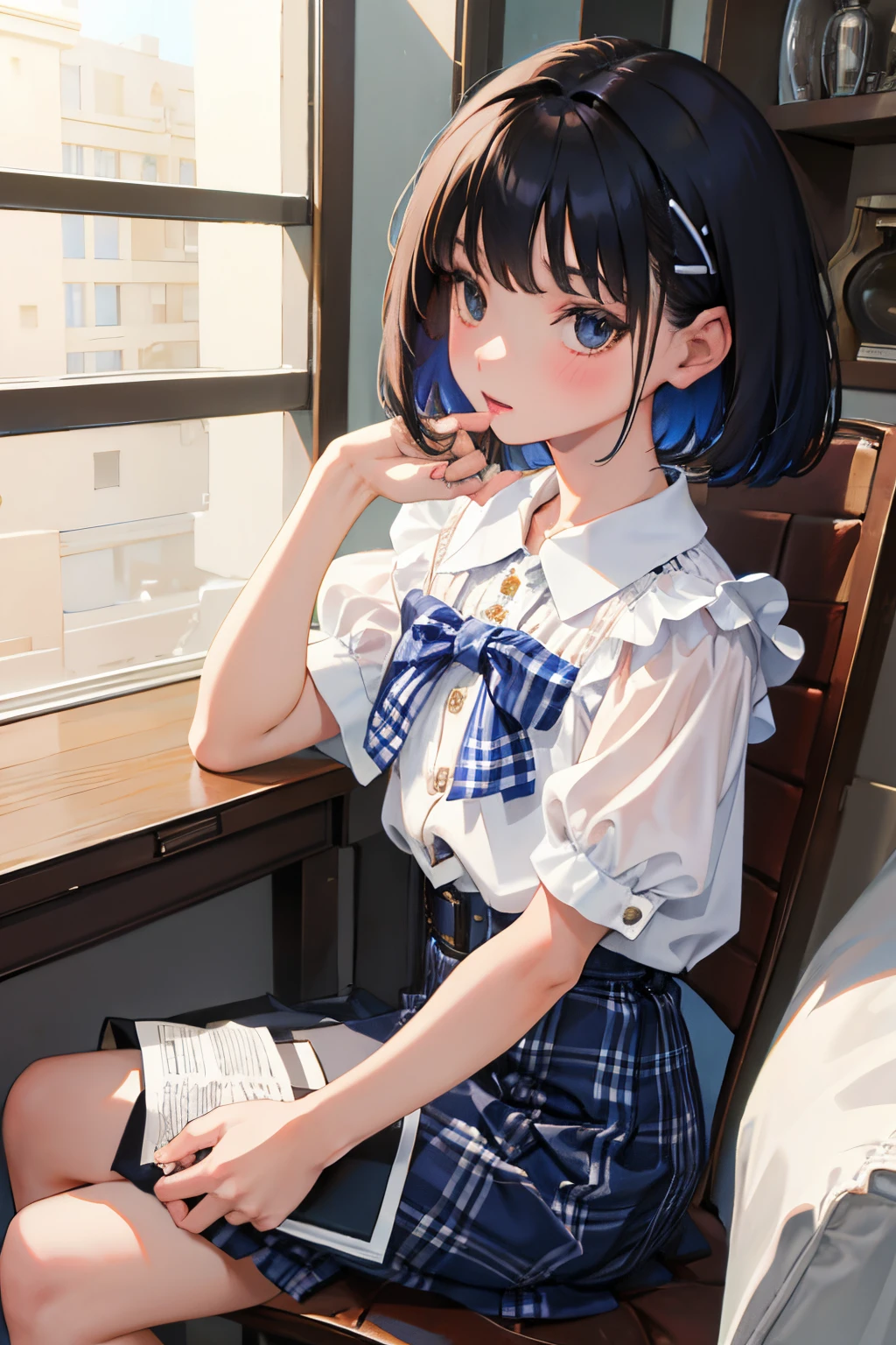 full bodyesbian,(child),(masterpiece,Highest Quality),Blouse with short sleeves,(Gingham Check Skirt),A dark-haired,Medium bob